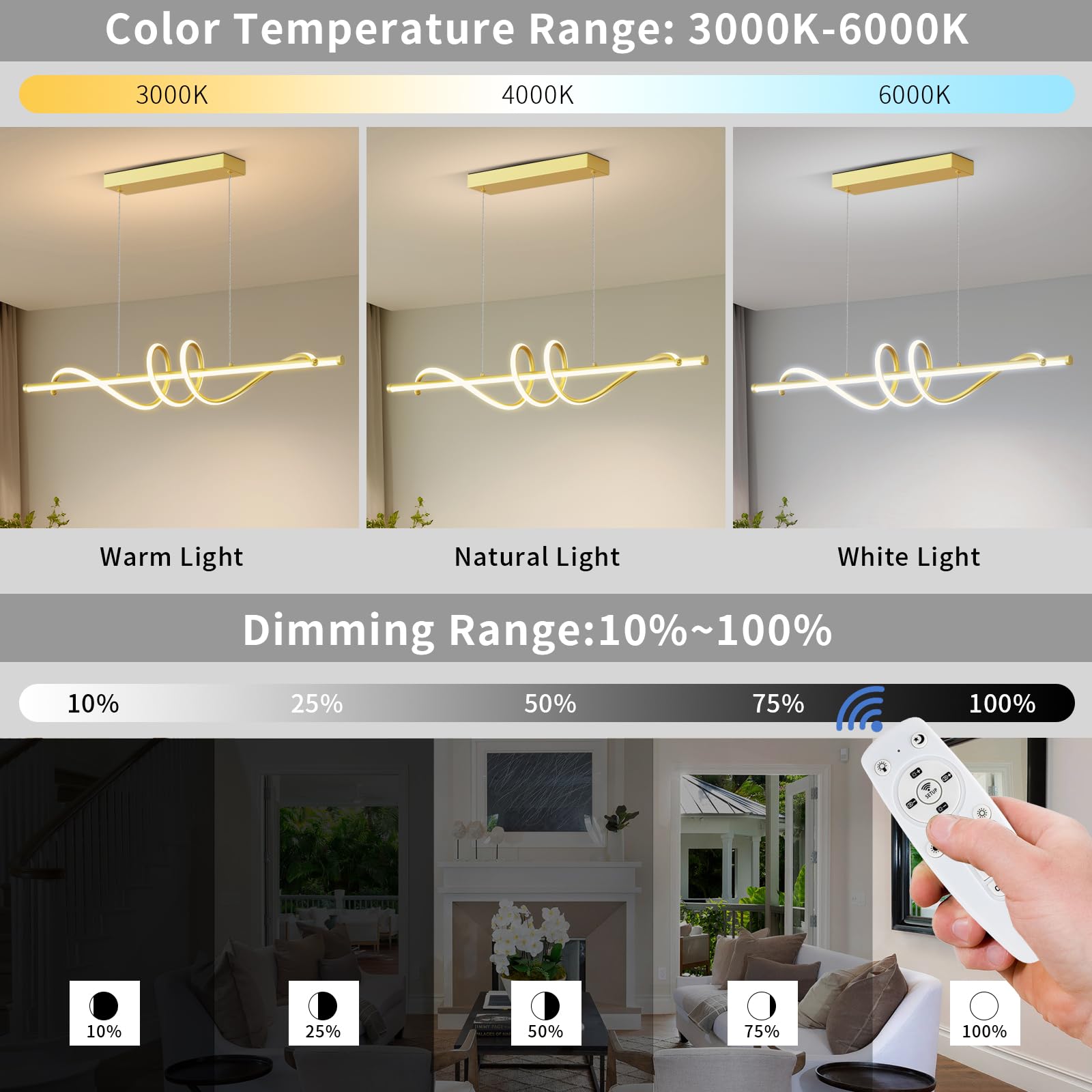 LannlKer Modern LED Pendant Light, 39in Gold Chandelier, Dimmable with Remote, Adjustable Color Temperature, Aluminum Fixture