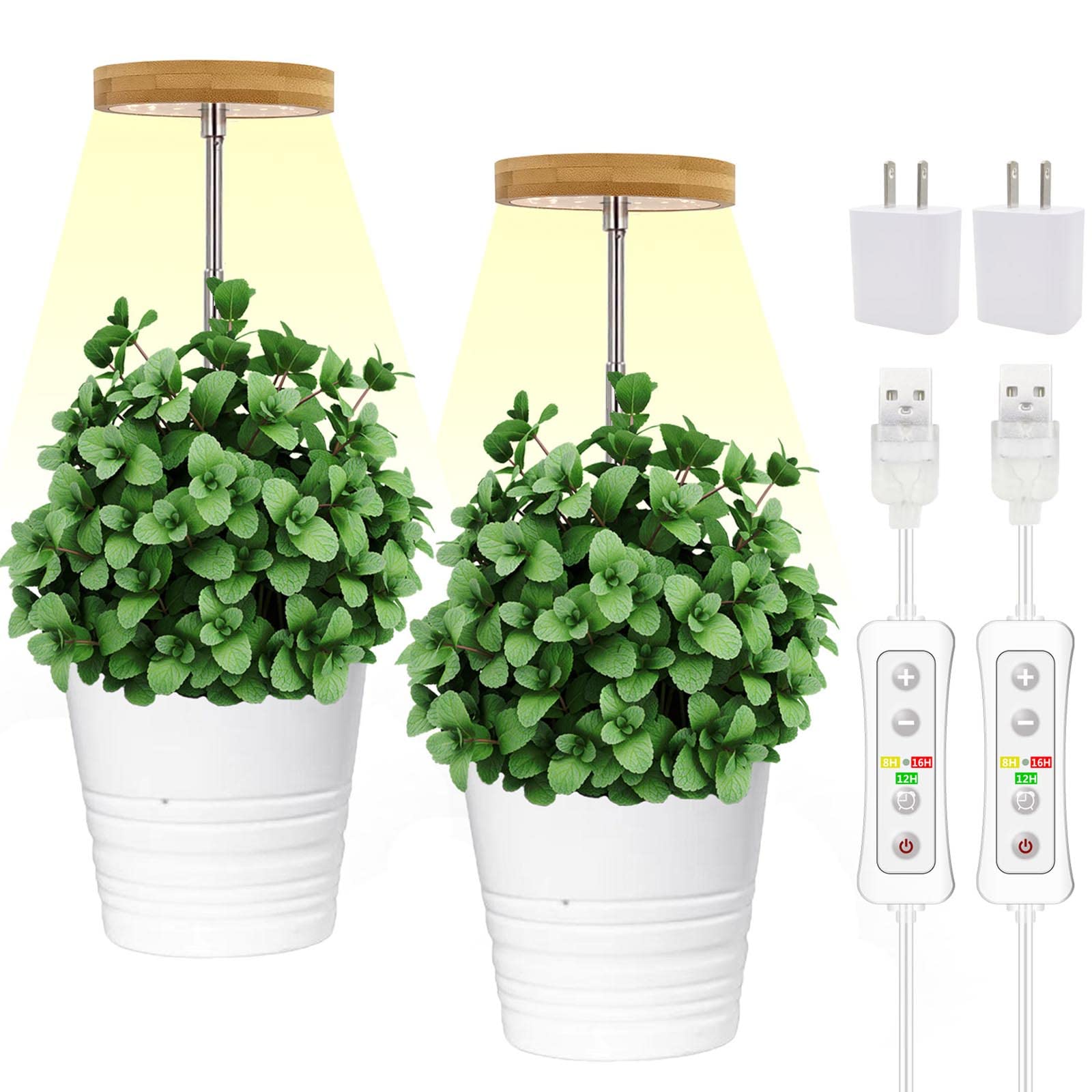 yadoker Plant Grow Light - Height Adjustable, Automatic Timer, 2 Pack, Bamboo Material, Indoor Use