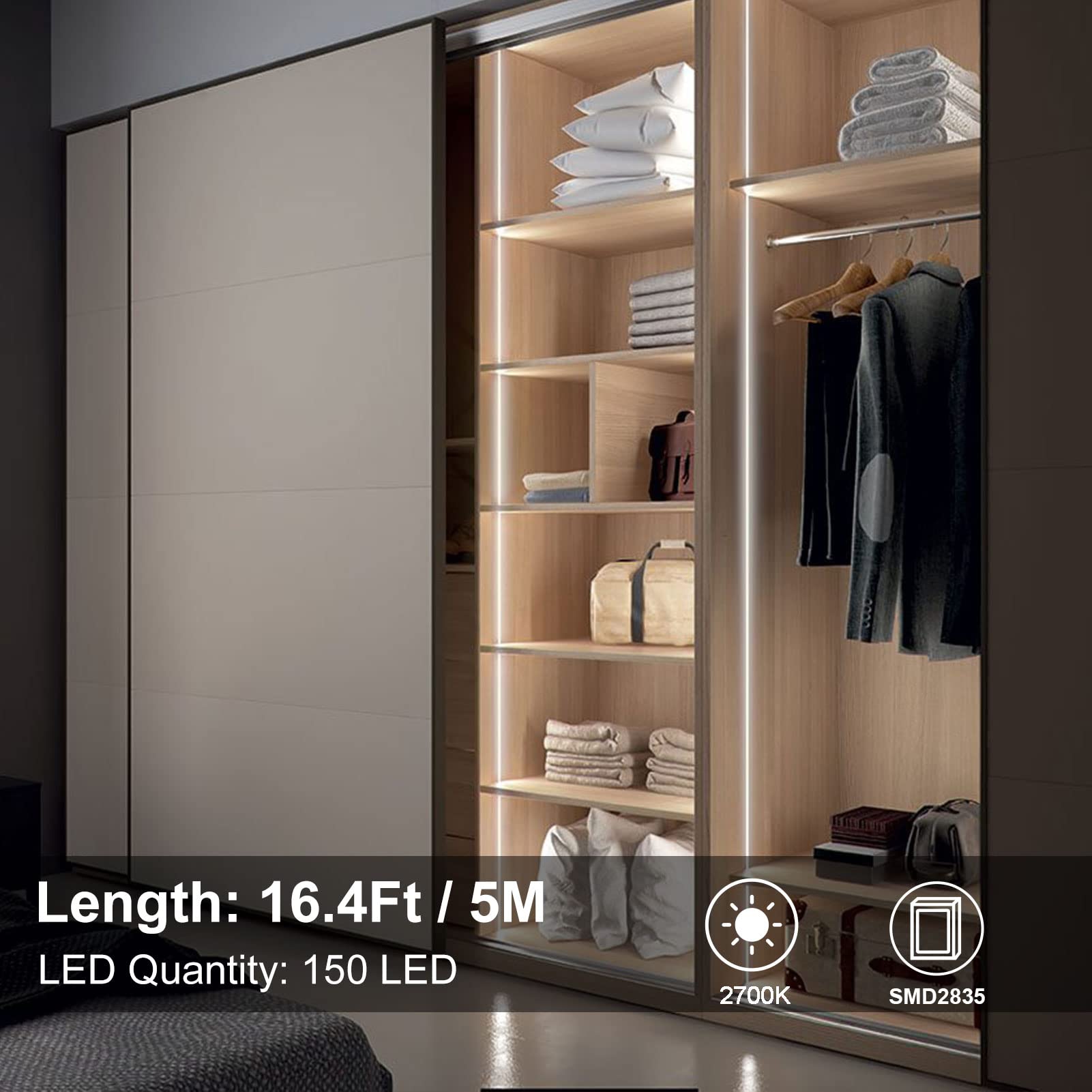 Echosari Strip Lights Battery Operated, 16.5Ft 150 Led 2835 Smd Closet Strip Lights With Remote For Bedroom, Kitchen, Cabinet Décor (Cool White)