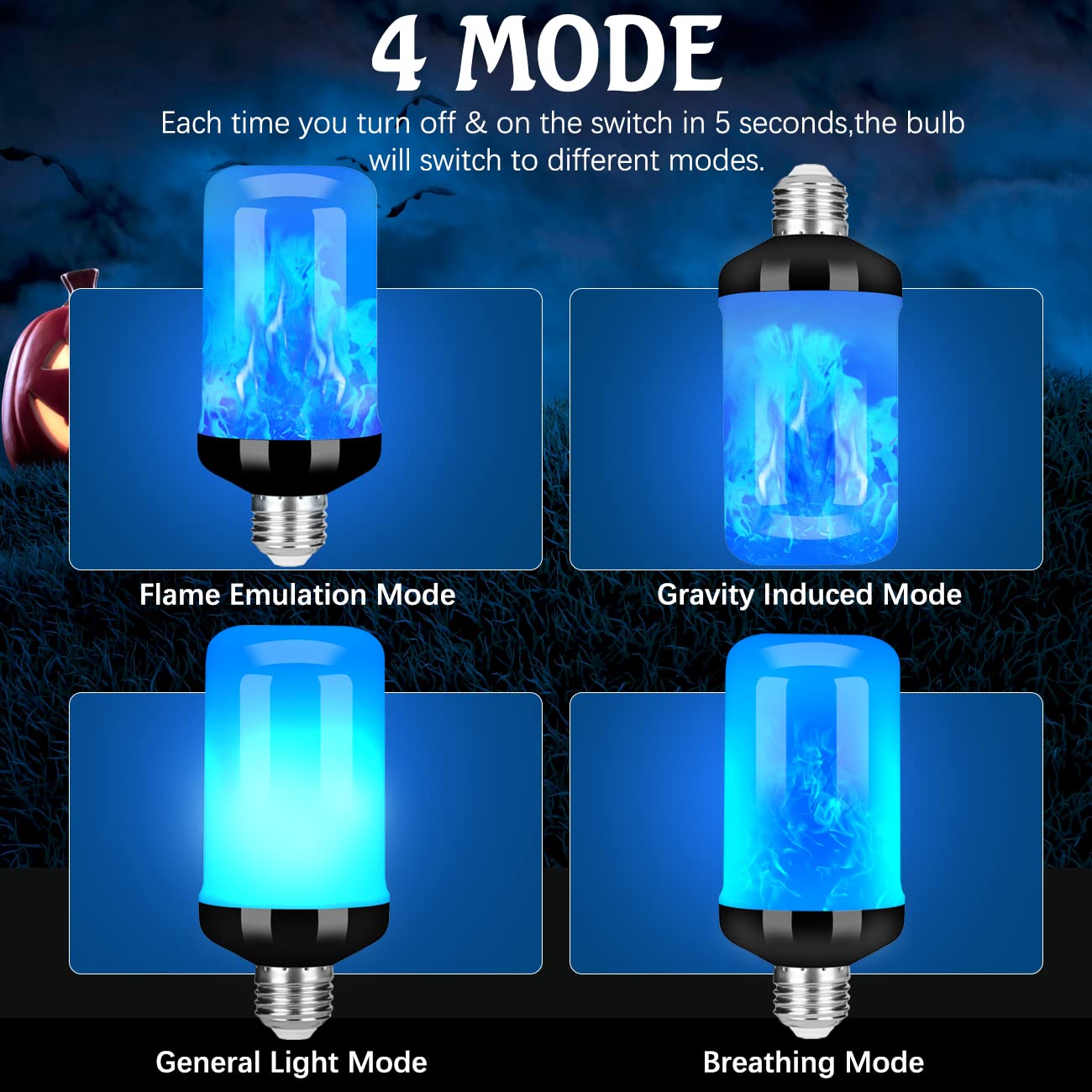 Y- STOP LED Flame Light Bulb, 4 Modes Flickering Effect, E26 Base, Blue-4 Pack for Halloween & Home Decor