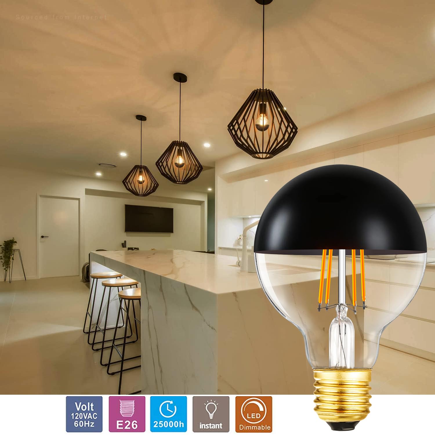 Leools Dimmable Half Black Light Bulb, 6W (60W Eqv.), Anti Glare Led Light Bulbs,2700K Warm White, E26 Silver Dipped Bulb, G25 G