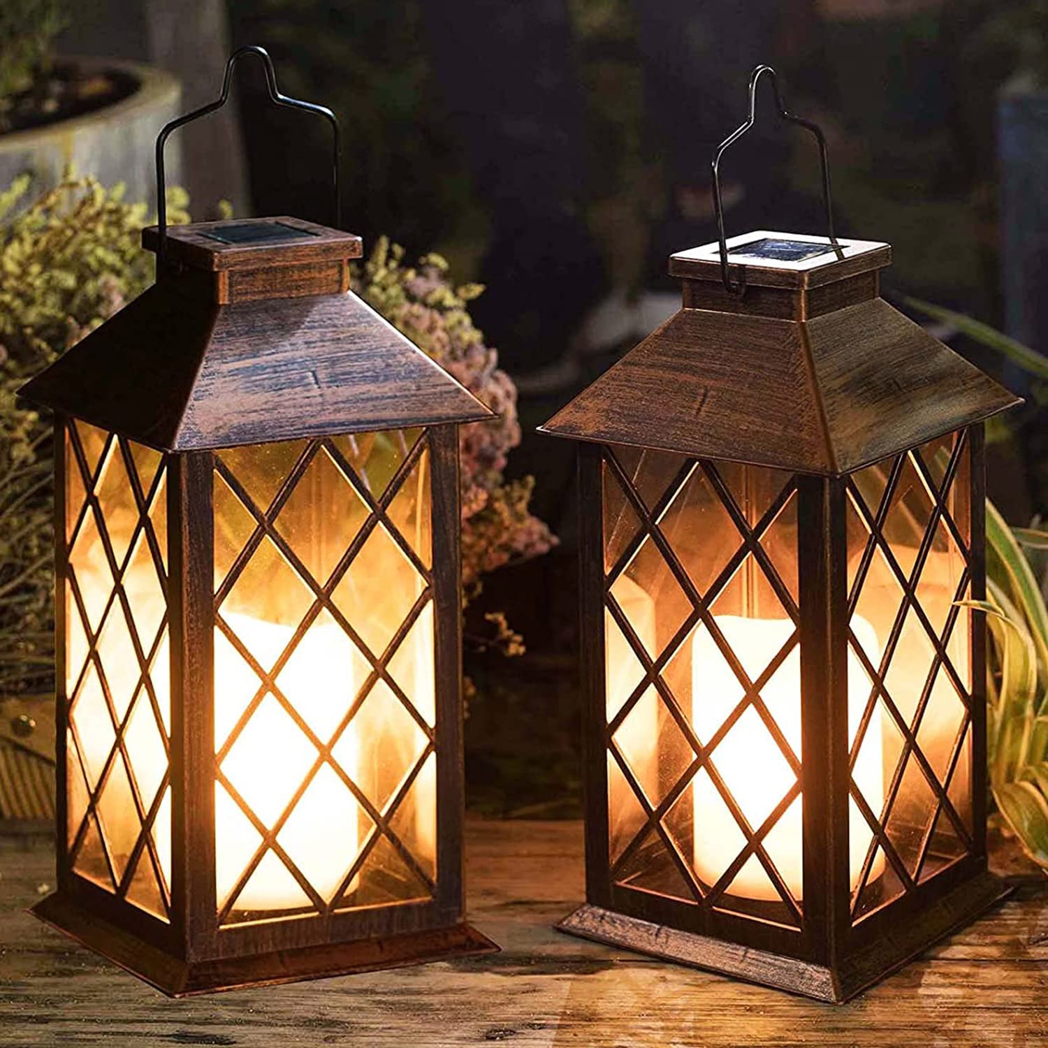 [2 Pack] TAKE ME 14'' Solar Lantern Outdoor Garden Hanging Lantern Waterproof LED Flickering Flameless Candle Mission Lights for