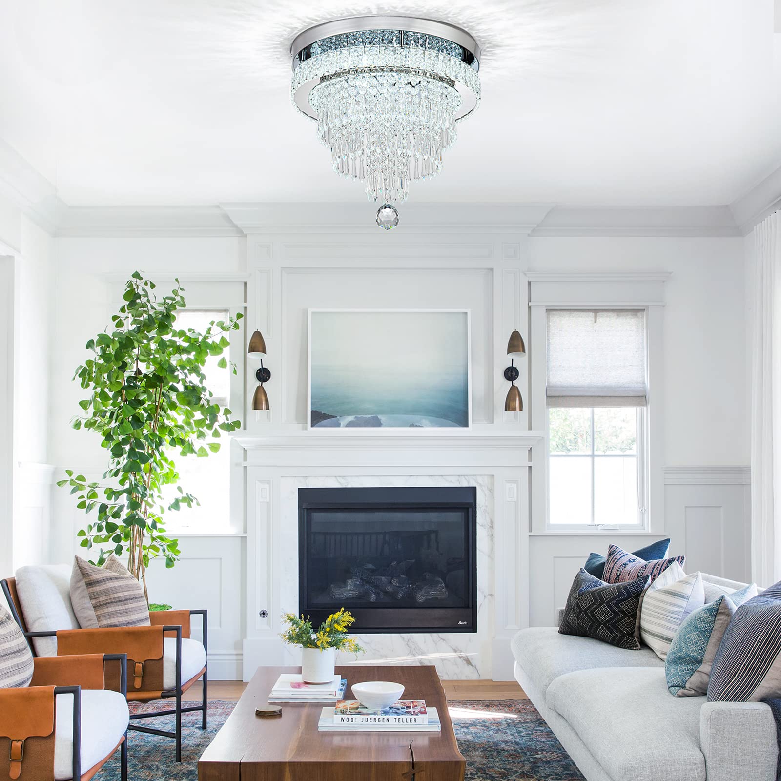 Hongnuofc 16 Crystal Chandeliers Light Flush Mount Ceiling Light Fixtures Round Modern Led Chandelier For Living Room Bedroom Di