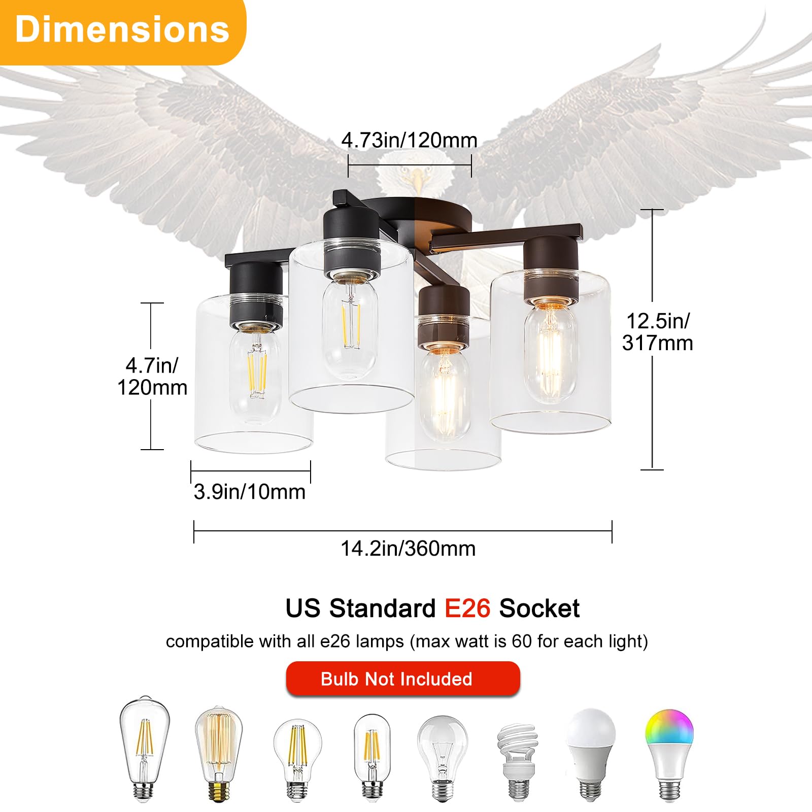 Yyt Semi Flush Mount Ceiling Light Black 4-Light Kitchen Ceiling Light Fixtures Kitchen Lighting Fixtures Cieling With Glass Sha