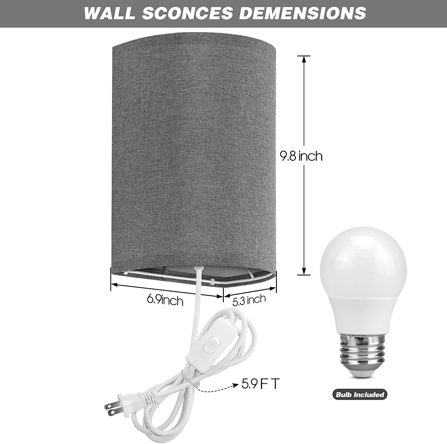 Beser·Win Wall Sconces Set Of Two, Gray Fabric Shades, Modern Plug-In Light Fixtures