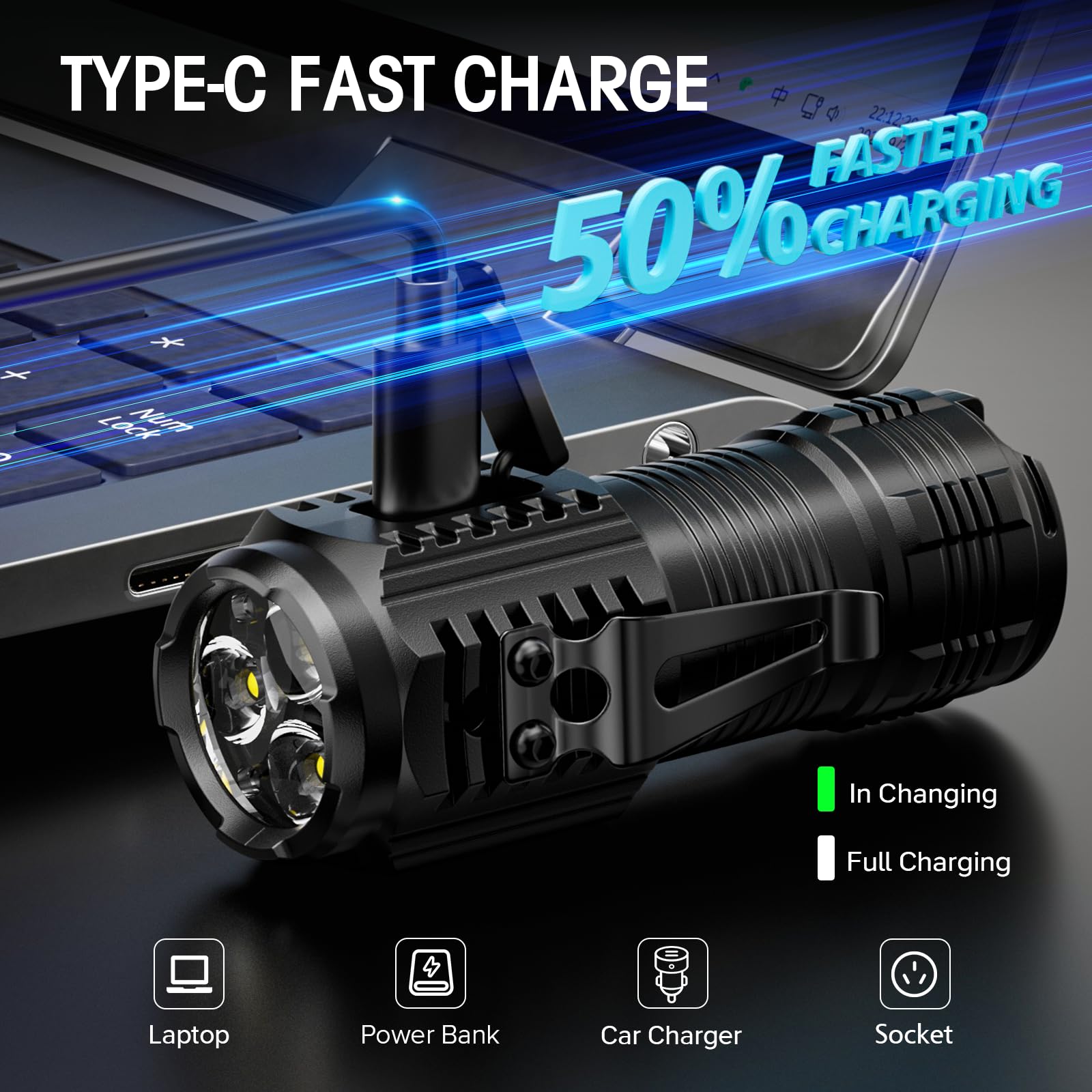 LETMY Rechargeable Mini Flashlights, 3 LED, 4 Lighting Modes, 2 Pack, Black, Model SFL008