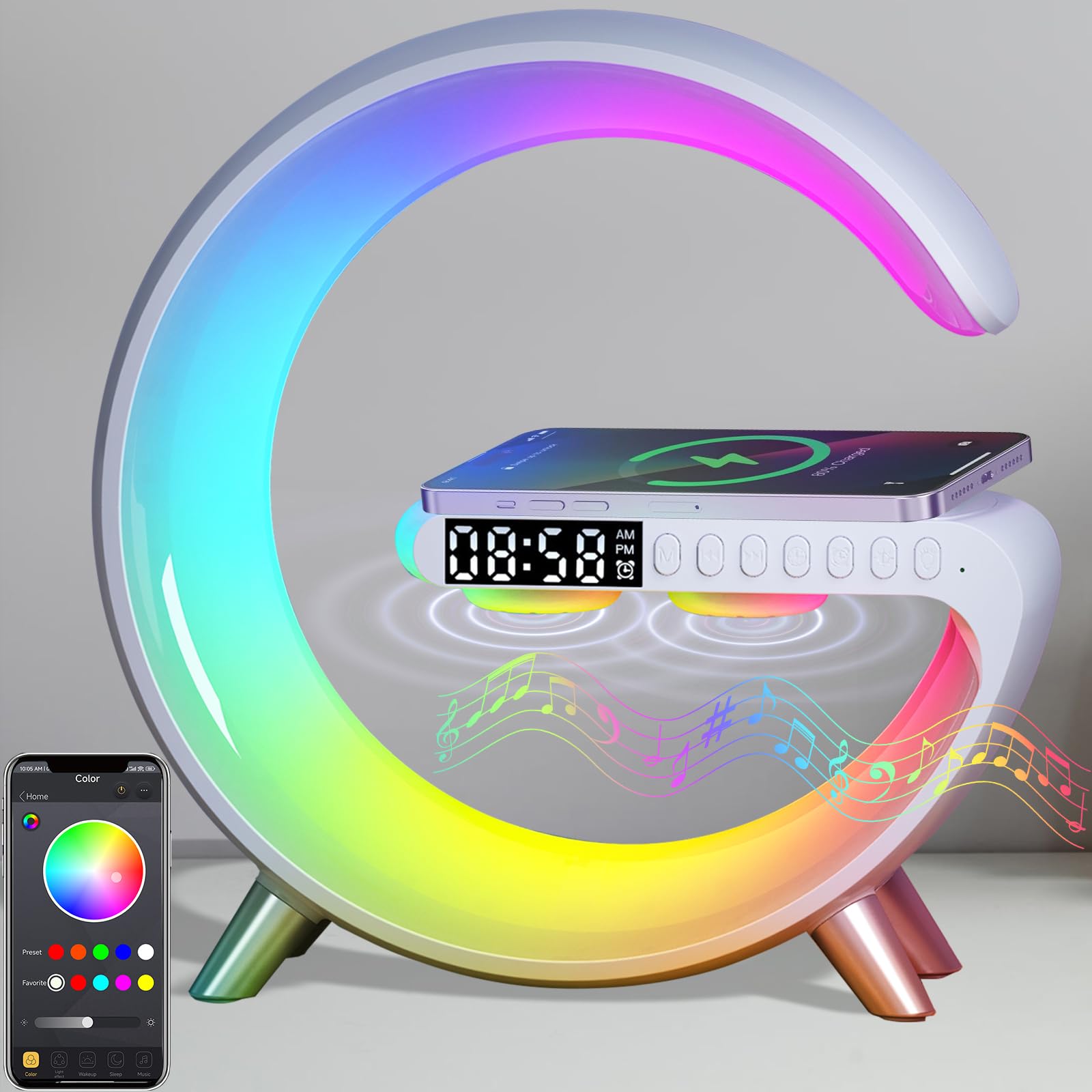 Treligate Table Lamp With Wireless Charger, Atmosphere Lamp With White Noise, Smart Light Sound Machine, Bluetooth Speaker With Alarm Clock, App Control Night Light Lamp For Bedroom?Large G ?Nh-69?