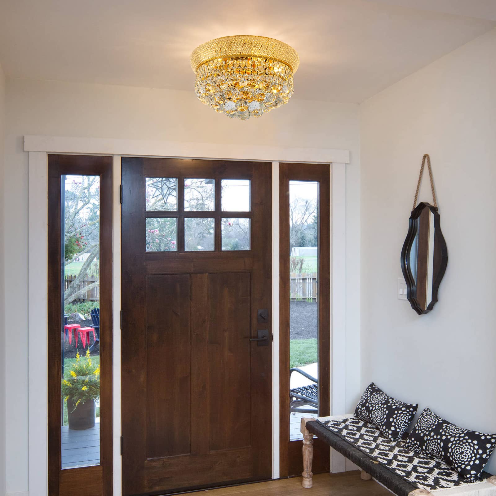 Homeooze 14" Gold 5-Light Crystal Flush Mount Chandelier for Bathroom, Hallway, Entryway, Bedroom, Model FM001