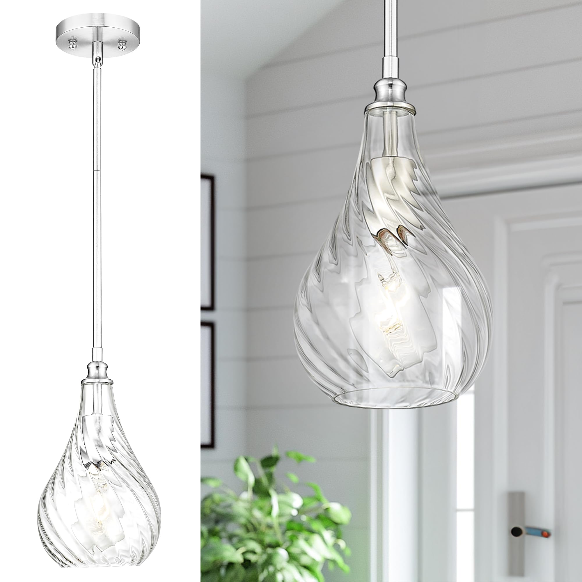 TENGXIN Mini Pendant Light - Kitchen Island Light, Brushed Nickel Finished Striped Glass, Farmhouse Style for Dining Room, Bedro