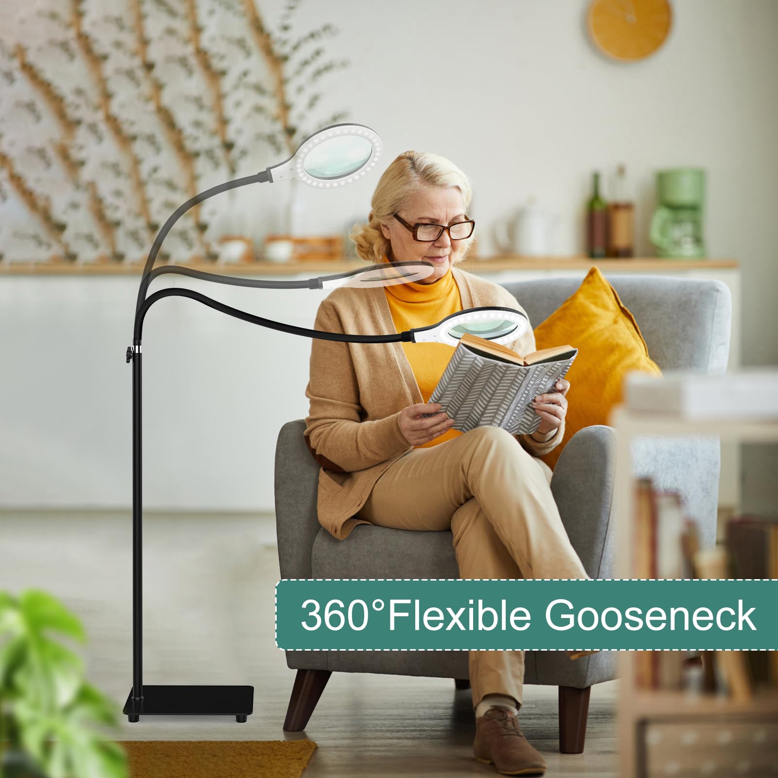 Delixike Magnifying Glass with Light, Hands-Free Dimmable Magnifier, Flexible Gooseneck, White, Model DLXK-1