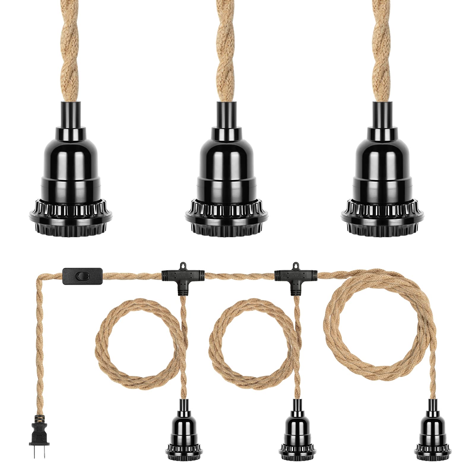 HURYEE 20FT Plug in Hanging Light Fixture, 3 Bulb Pendant Lamp with Switch, Metal Twisted Hemp Rope for Farmhouse Bedroom Decor