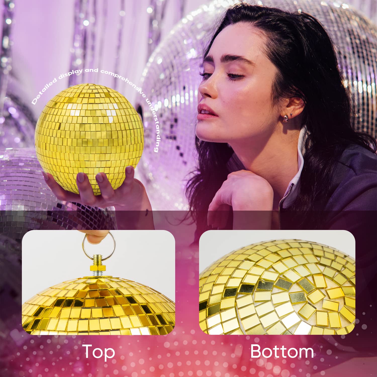 Mirror Disco Ball Decor with Hanging Ring: 8 Inch Large Gold Disco Ball Ornaments - Hanging Party Disco Balls for Party Decorati