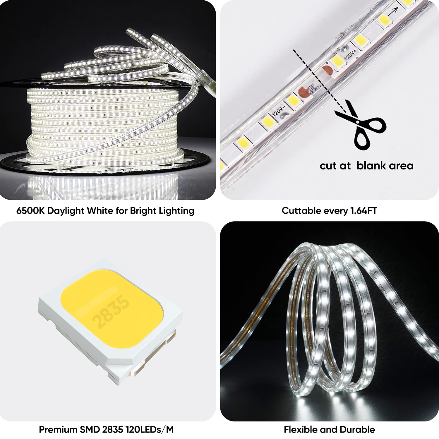 Shine Decor Led Strip Light 150Ft 120Vac, Super Bright 19012 Lumens Dimmable, Ip65 Waterproof For Outdoor Indoor, 6500K Cool Whi