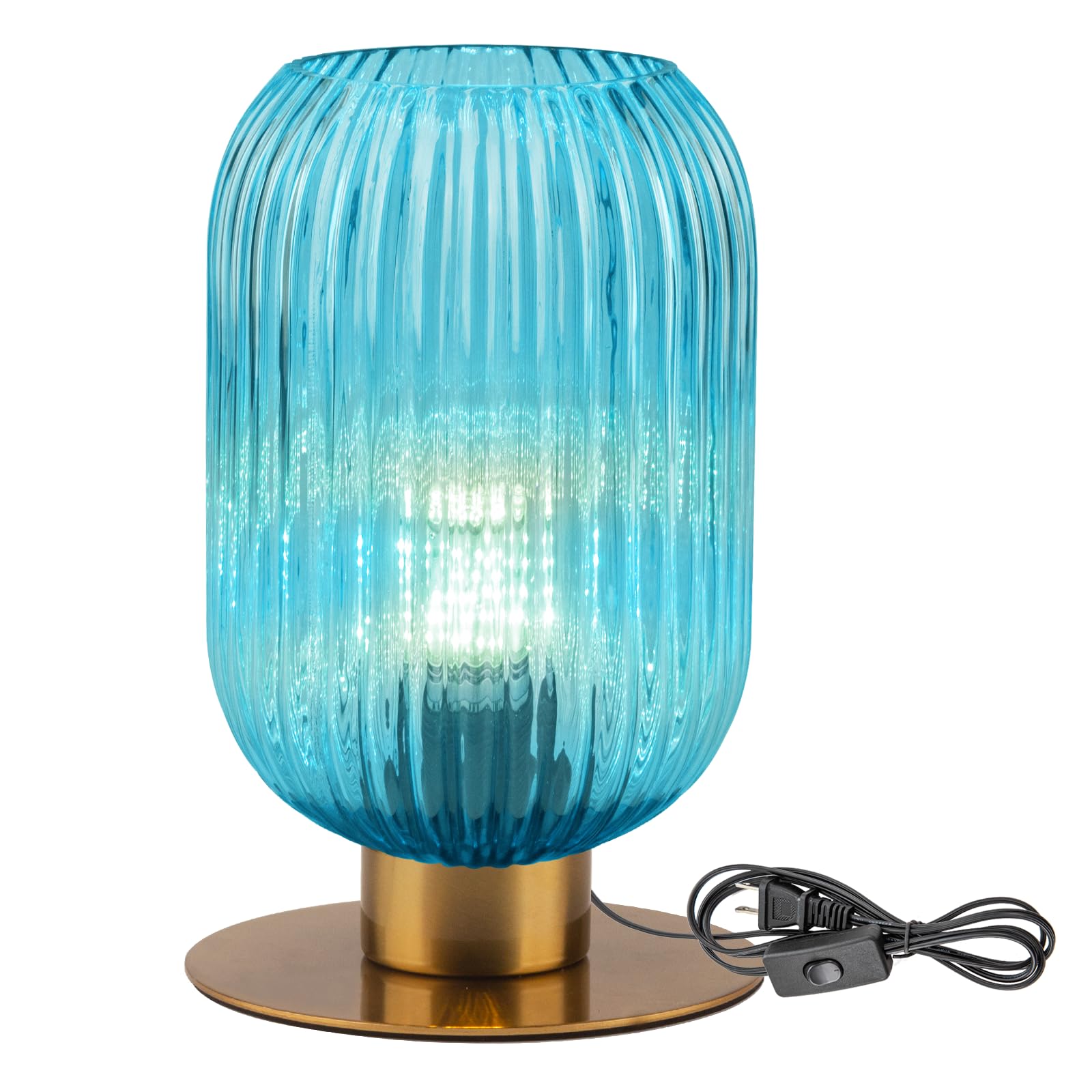 Soutas Small Table Lamp for Bedroom, Blue Bedside Lamp Mini Nightstand Lamp with On/Off Switch, Elegant Ribbed Glass Table Lamp 