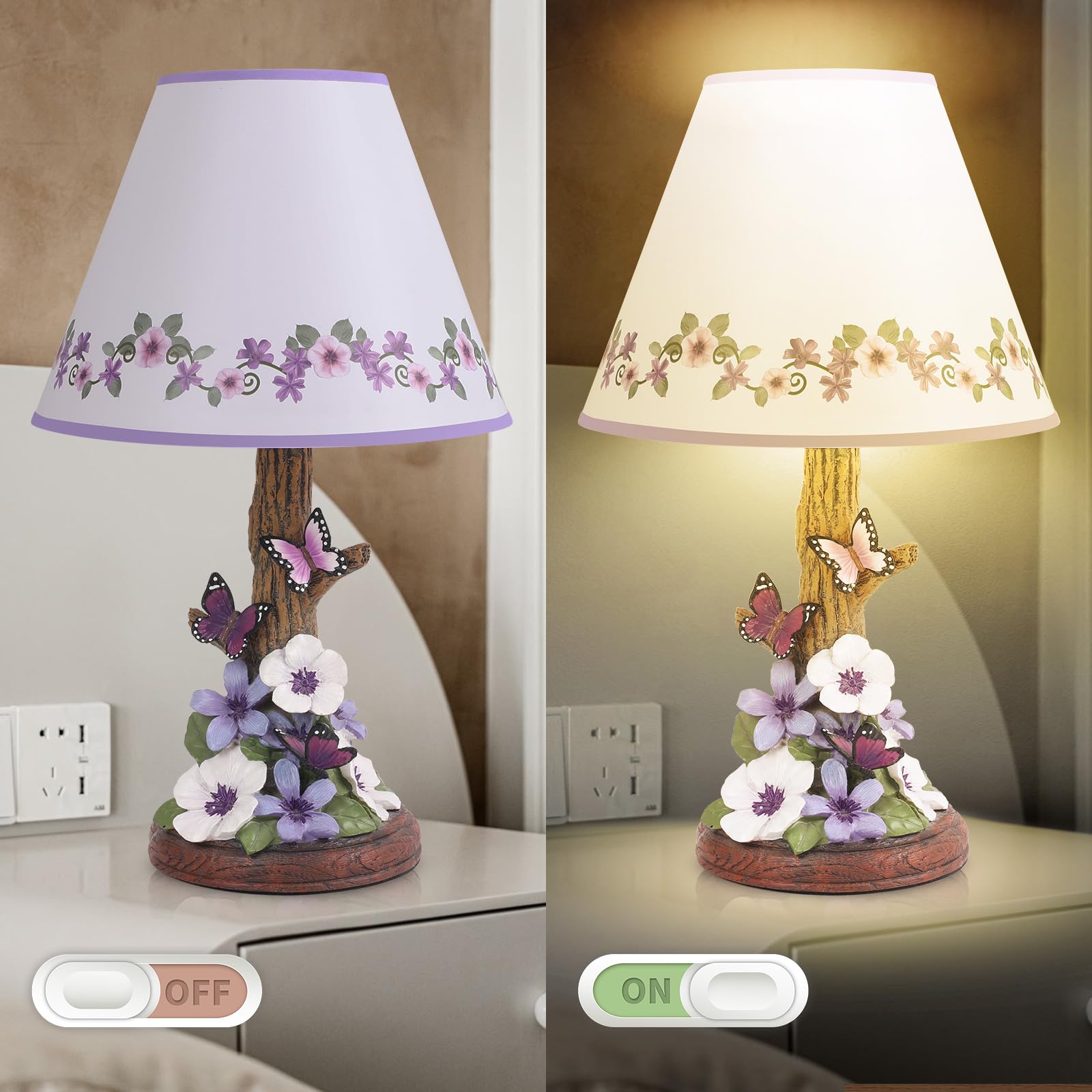 Eycfo Butterfly Table Lamp - Vintage Purple Resin Nightstand Light with LED Bulb, Pressed Floral Design, Model Butterfly 1