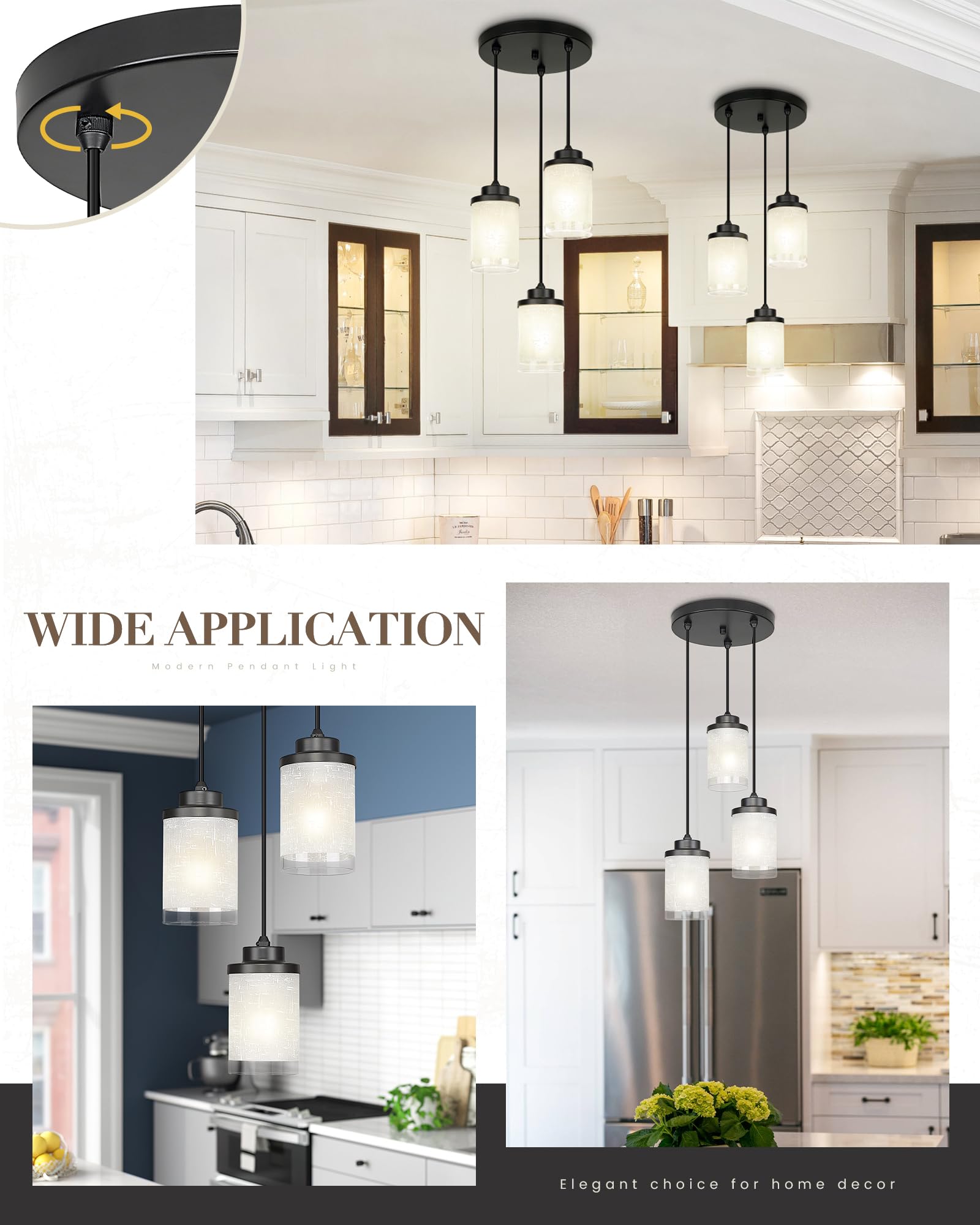 Tengxin 3-Lights Modern Pendant Light With Glass Shade Matte Black Pendant Lighting Adjustable Industrial Retro Style Hanging Li