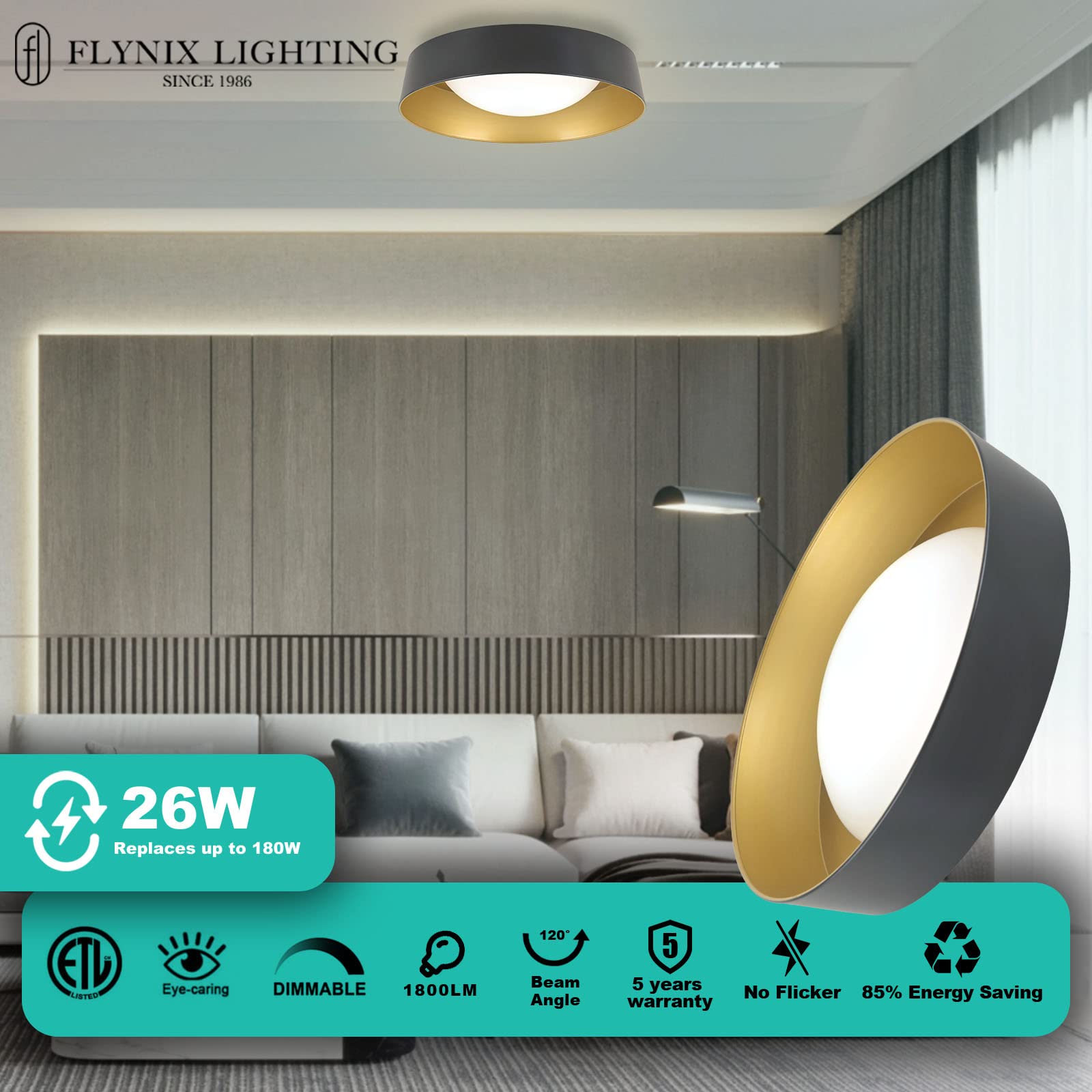Flynix 15.5 Inch Led Flush Mount Ceiling Light Fixture, 26W, Super Bright 1800 Lumen, 3 Color 3000K/4000K/5000K, Matt Black With