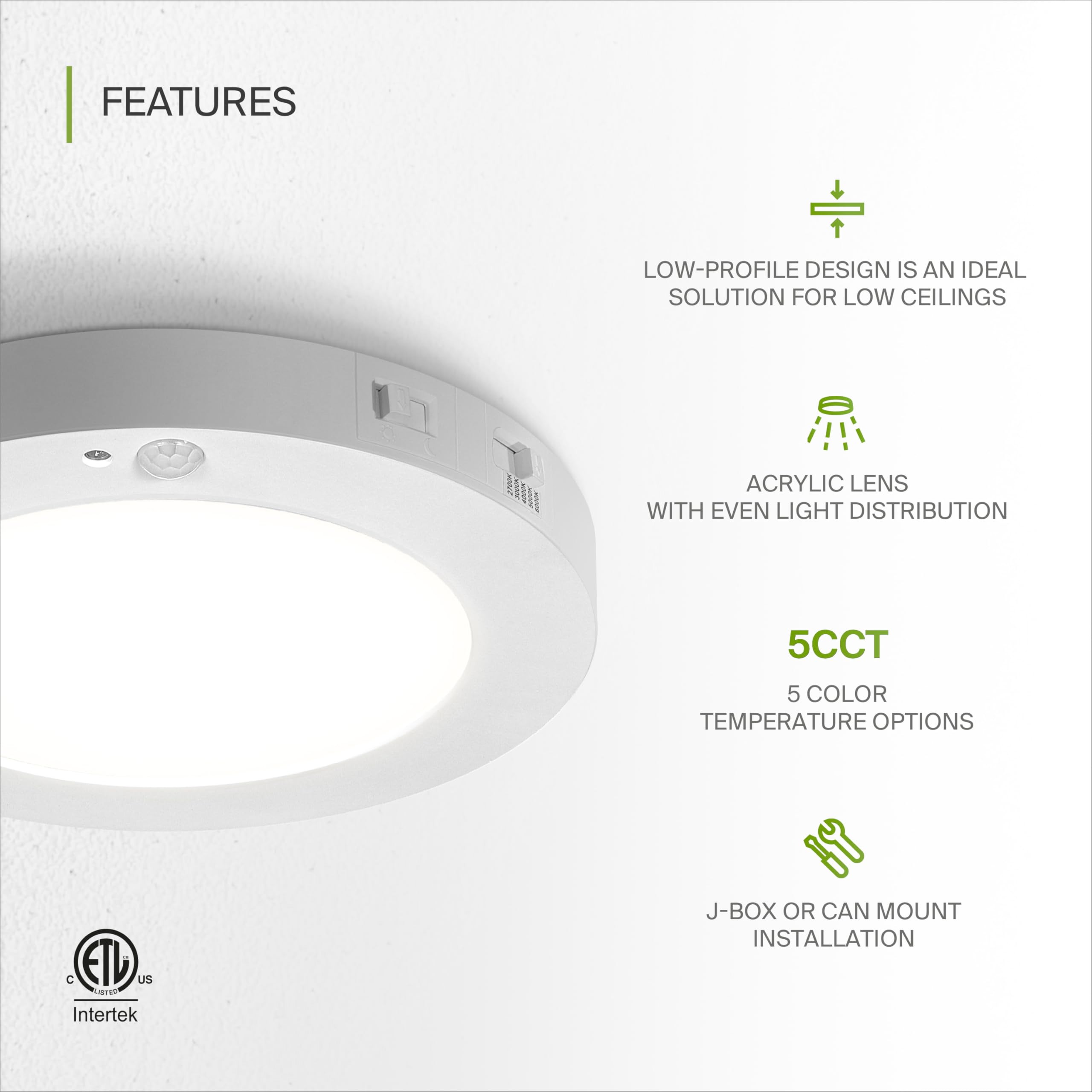 ASD LED Flush Mount Ceiling Light Fixture, 15W 900LM, 2700-6000K, Motion Sensor, 7in Round, White, Model A-MPR-7N