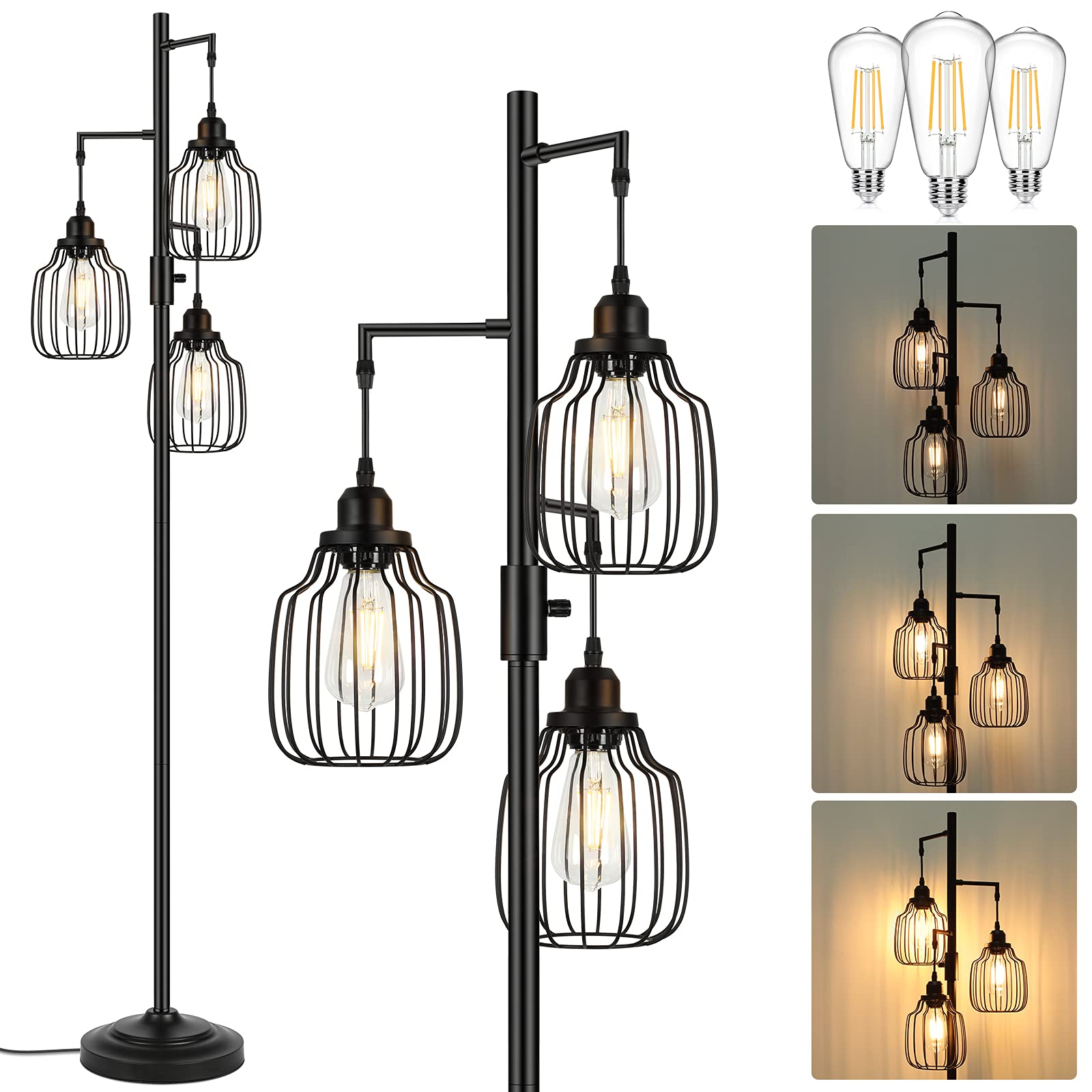 BrightHome Dimmable Floor Lamp with 3 LED Bulbs, 68in Tall, Black Metal, Industrial Vintage Design