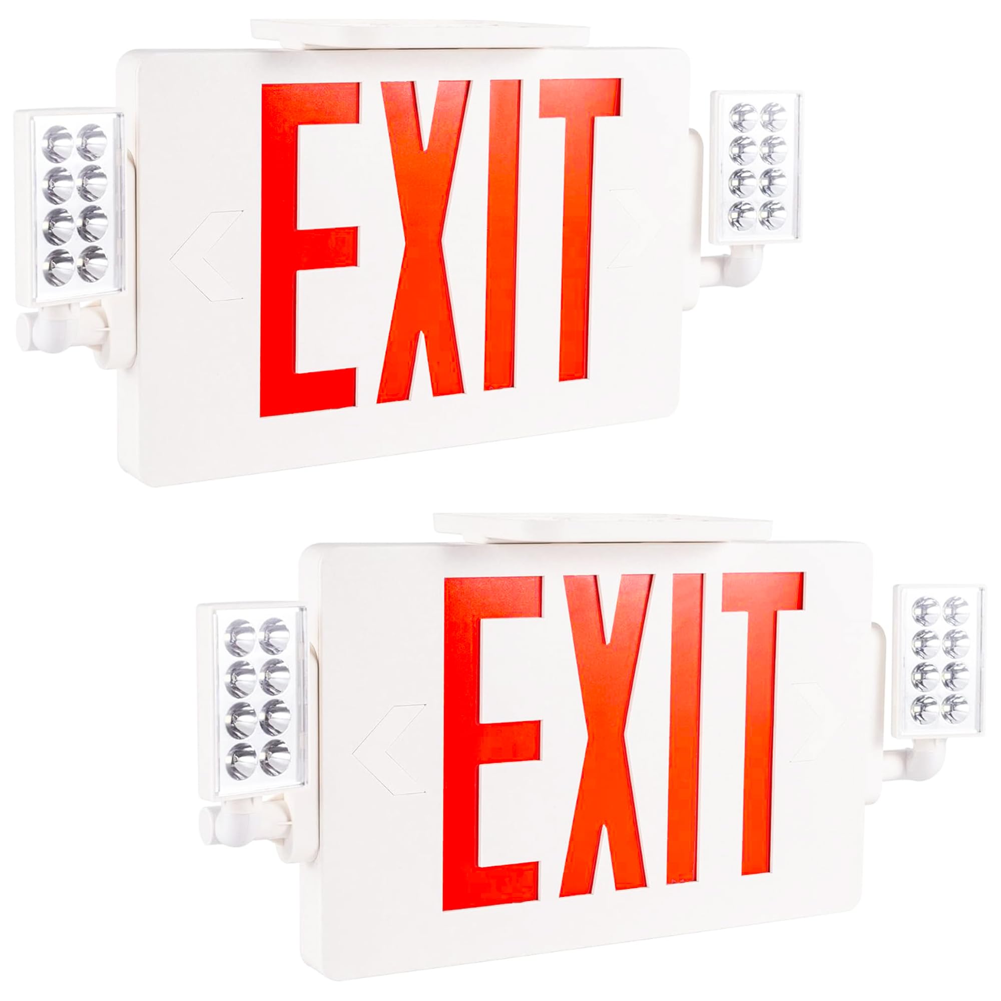 Gruenlich LED Emergency EXIT Sign Combo with 2 Adjustable Head Lights, Double Face, UL 924 Qualified, 120-277V, 2-Pack, Red Letter