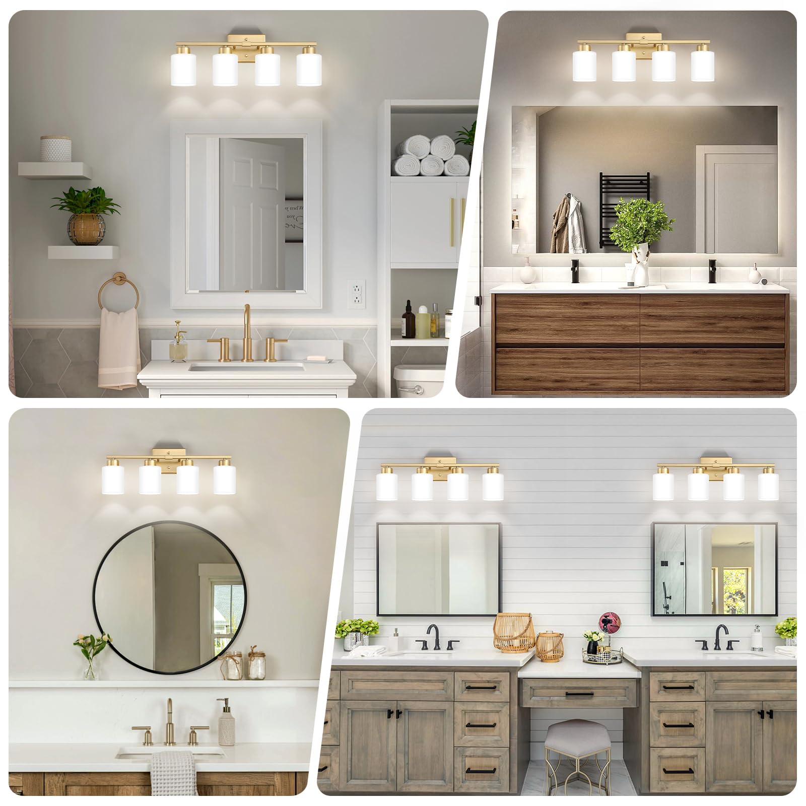 Fonmyim Gold Bathroom Light Fixtures, 4-Light Modern Vanity Light Over Mirror, Wall Sconces With Milky White Frosted Glass Shade