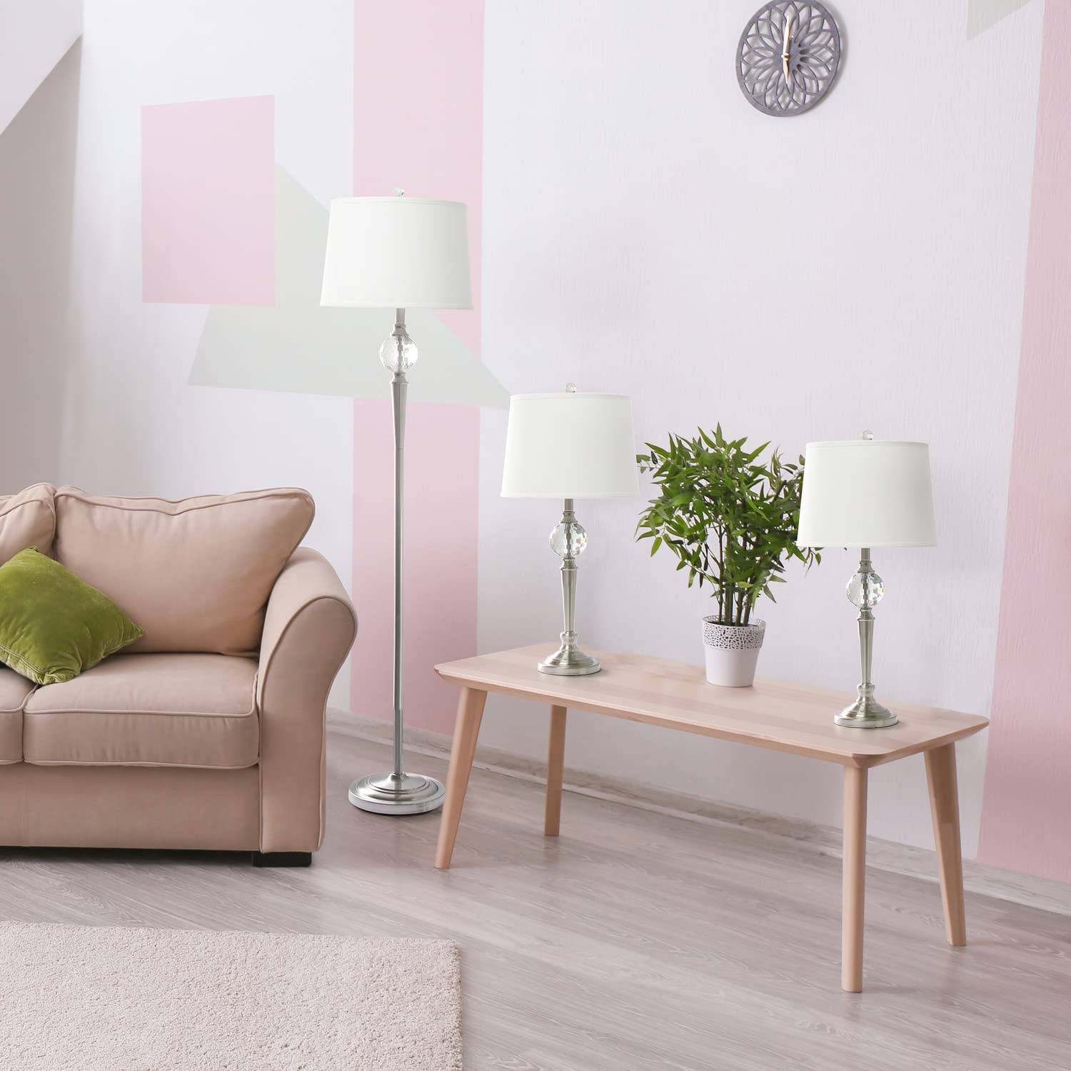 Lalia Home Brushed Nickel Crystal Drop Table & Floor Lamp Set, 63&quot; Height, Metal Design