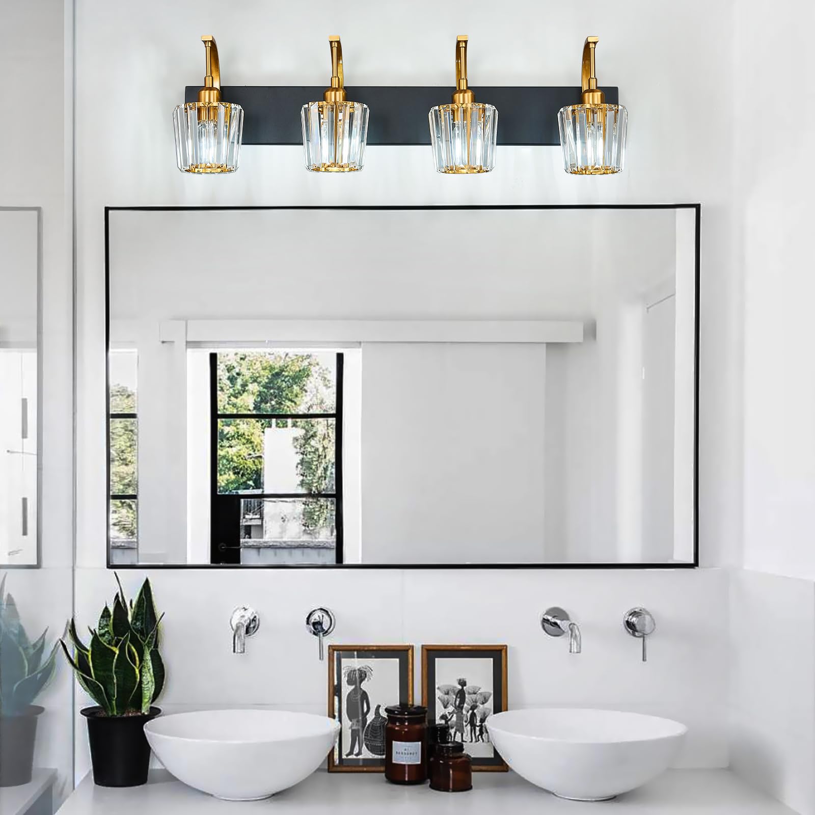 Fdpby Modern Bathroom Vanity Light  4-Light Black Gold Wall Sconce With Crystal Accents  Over Mirror Bathroom Lighting Fixture  32.67 Long Dimmable Vanity Lamp For Makeup  Easy Installation