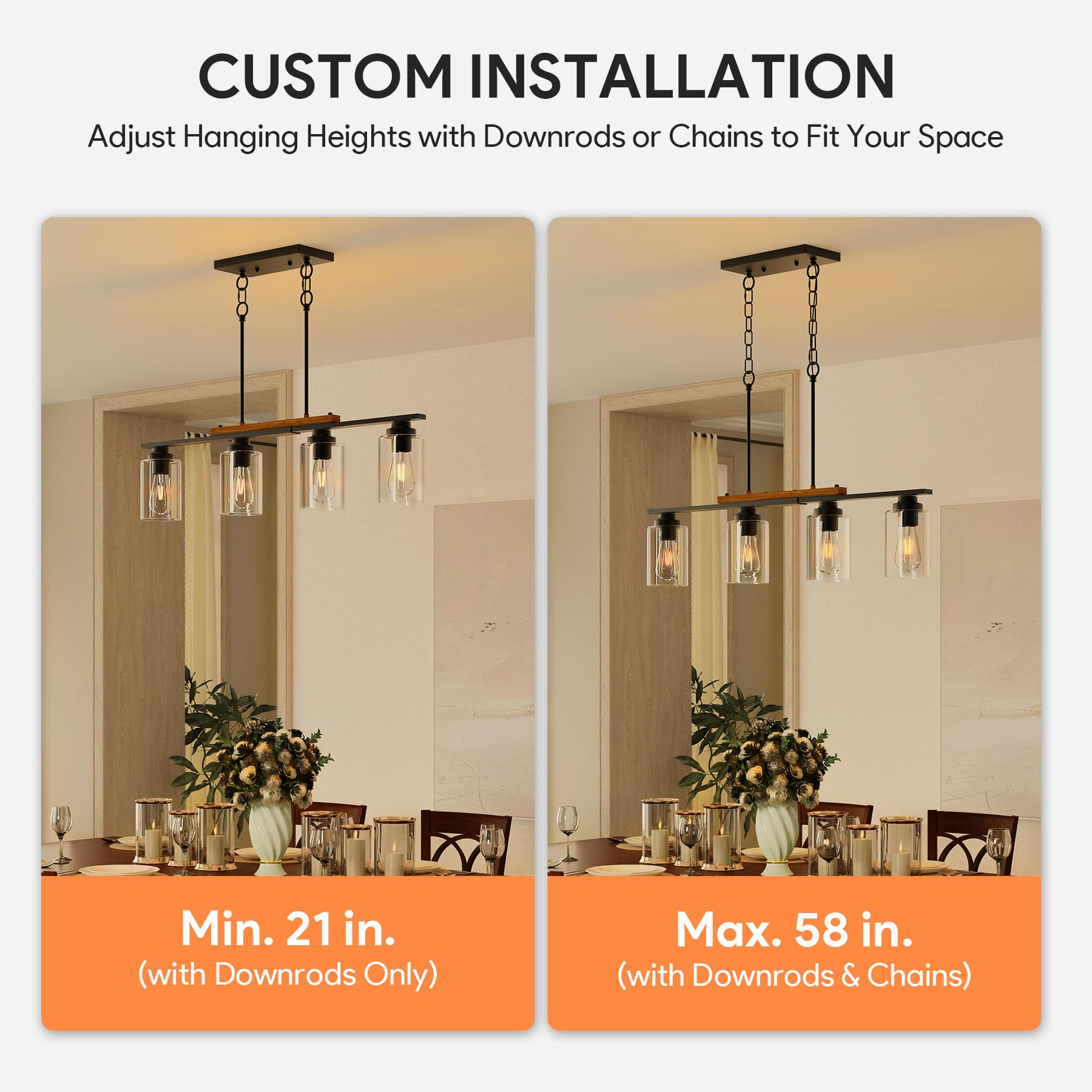 Vonluce Dining Room Light Fixture Over Table, 4-Light Kitchen Island Lighting With Glass Shade And Adjustable Rods, Farmhouse Li