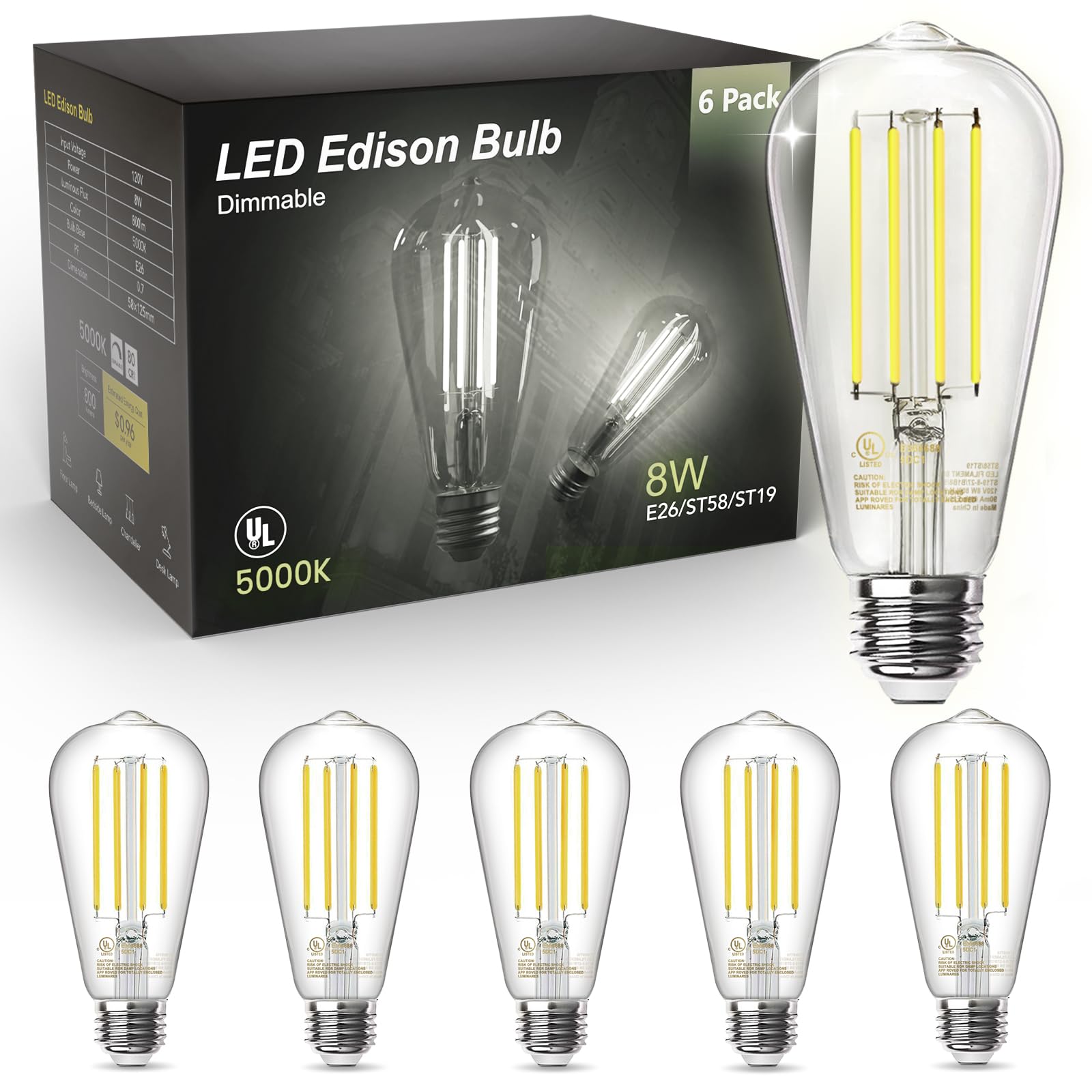 Tjoy Edison Light Bulbs 60W Equivalent, Dimmable Vintage Led Light Bulbs, E26 Medium Base, 5000K Daylight, St58, 8W, 800Lm, Ultr