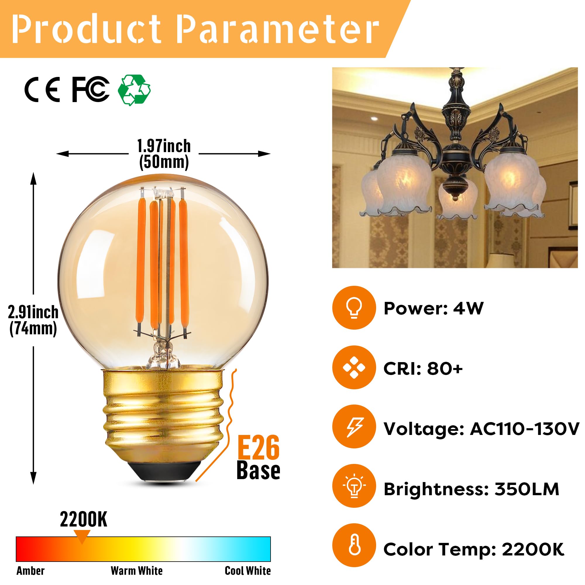 Dimmable Amber Led G16.5 Light Bulb 40W Type G Vintage Light Bulbs 4W(40W Equivalent),E26 Globe Bulb Small Round Night Light Bul