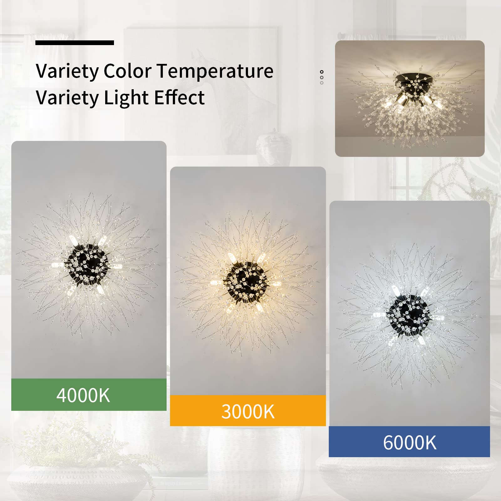 CM MZY Black Semi Flush Mount Ceiling Light Fixture, 6-Light Modern Crystal Sputnik Design, Model XT-XH-6BK