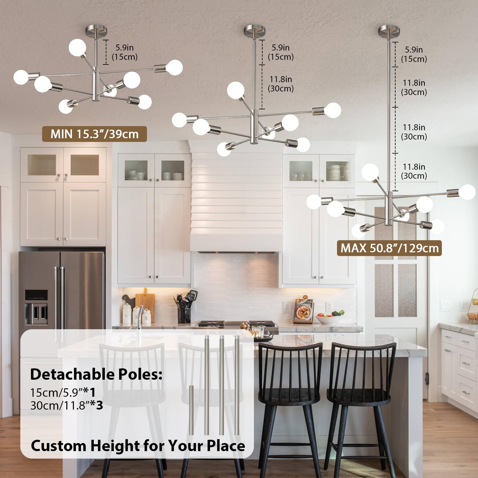 Kaisite Modern Chandelier Ceiling Light Fixture Brushed Nickel Sputnik Chandeliers For Bedroom Living Room 8-Light Height Adjust