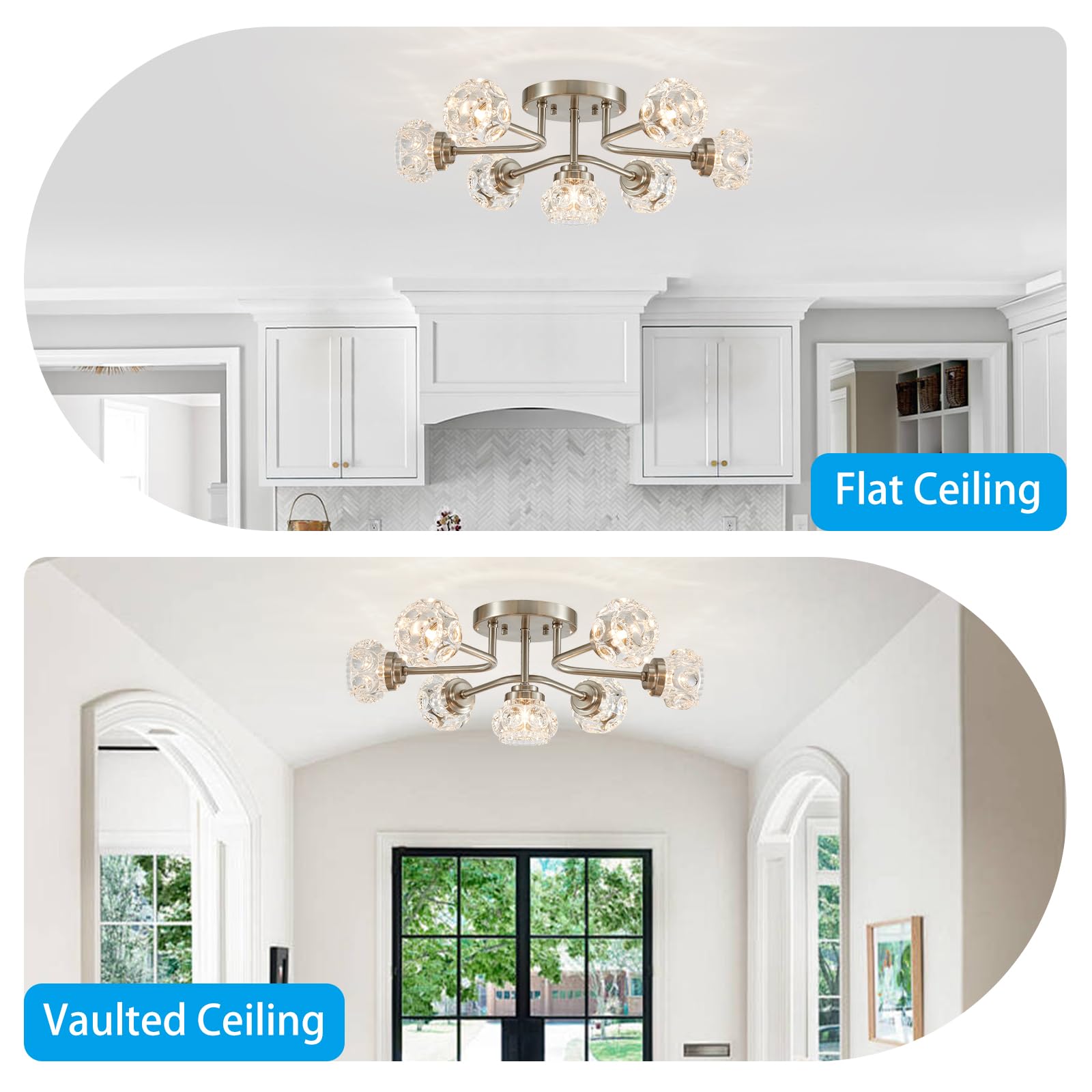 XINGQI Modern Sputnik 7-Light Ceiling Light Fixture, Brushed Nickel Chandelier for Dining Room, Bedroom, Kitchen, Model MXY002-BN