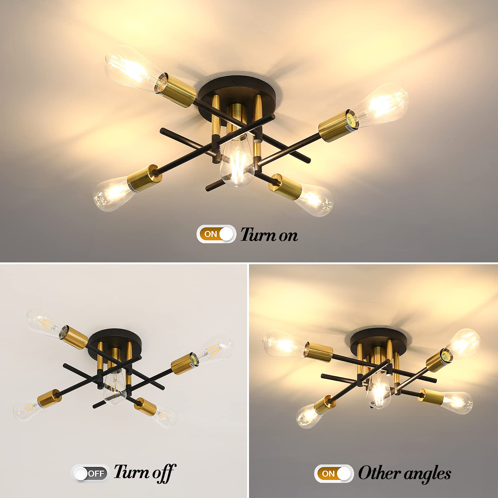 Uofus 5-Light Semi Flush Mount Ceiling Light, Modern Matte Black & Gold Chandelier For Home