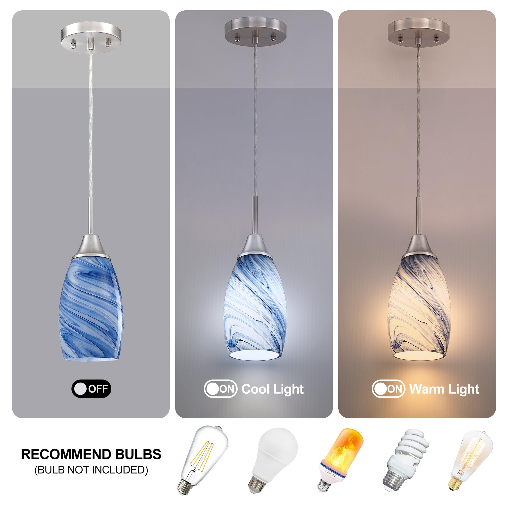 Viinew Mini Glass Pendant Light 1Pack Dark Blue Marble Art Glass Pendant Lights Kitchen Island Brushed Nickel Finish Hanging Lig