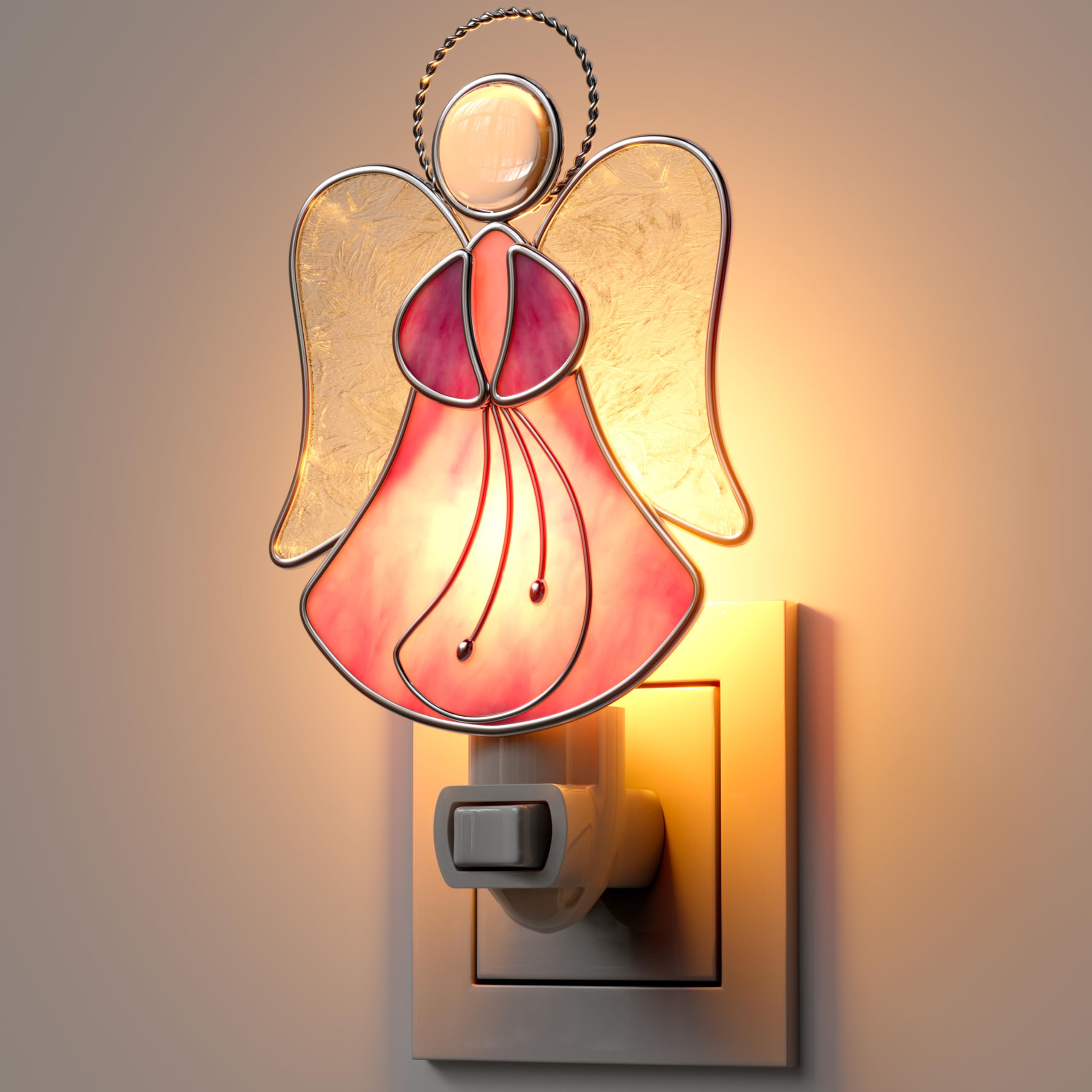 Kundgla Night Lights Plug Into Wall,Stained Glass Angel Nightlight Plug In,Decorative Night Light For Bedroom, Bathroom, Hallway, Kids Room Stairway - Pink Angel