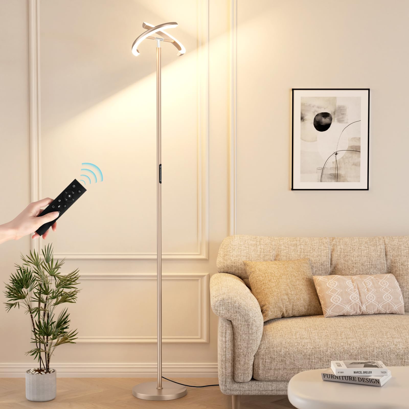 Preeotti Led Gold Floor Lamp - 73.6'' Standing Lamp With 2 Rotatable Lights, Remote & Touch Control, 36W Bright Stepless Dimmabl