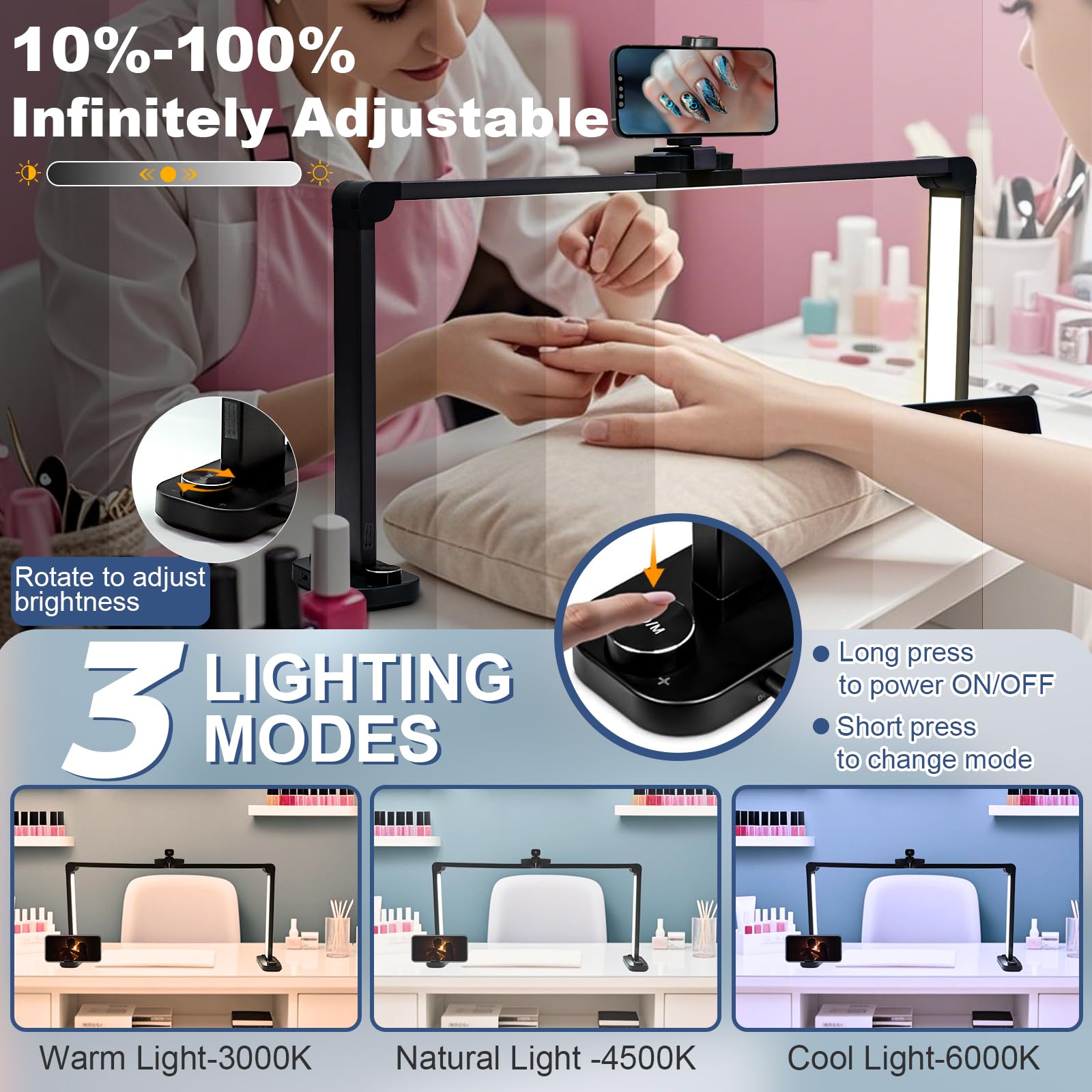 CGBE Nail Table Light: 33.5 Nail Desk Light with Phone Holder - 456 LED 3 Light Colors &10 Brightness Levels Half Moon Table Lig