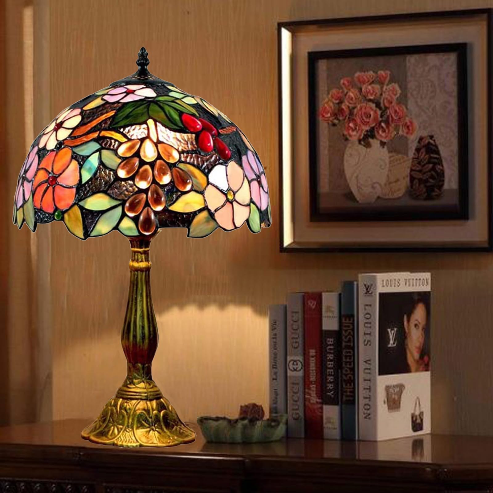 Fumat Tiffany Table Lamp For Living Room Stained Glass Grape Rose Hand-Made Table Lamp For Bedroom 12X12X18Inch Tall Bedside Nig