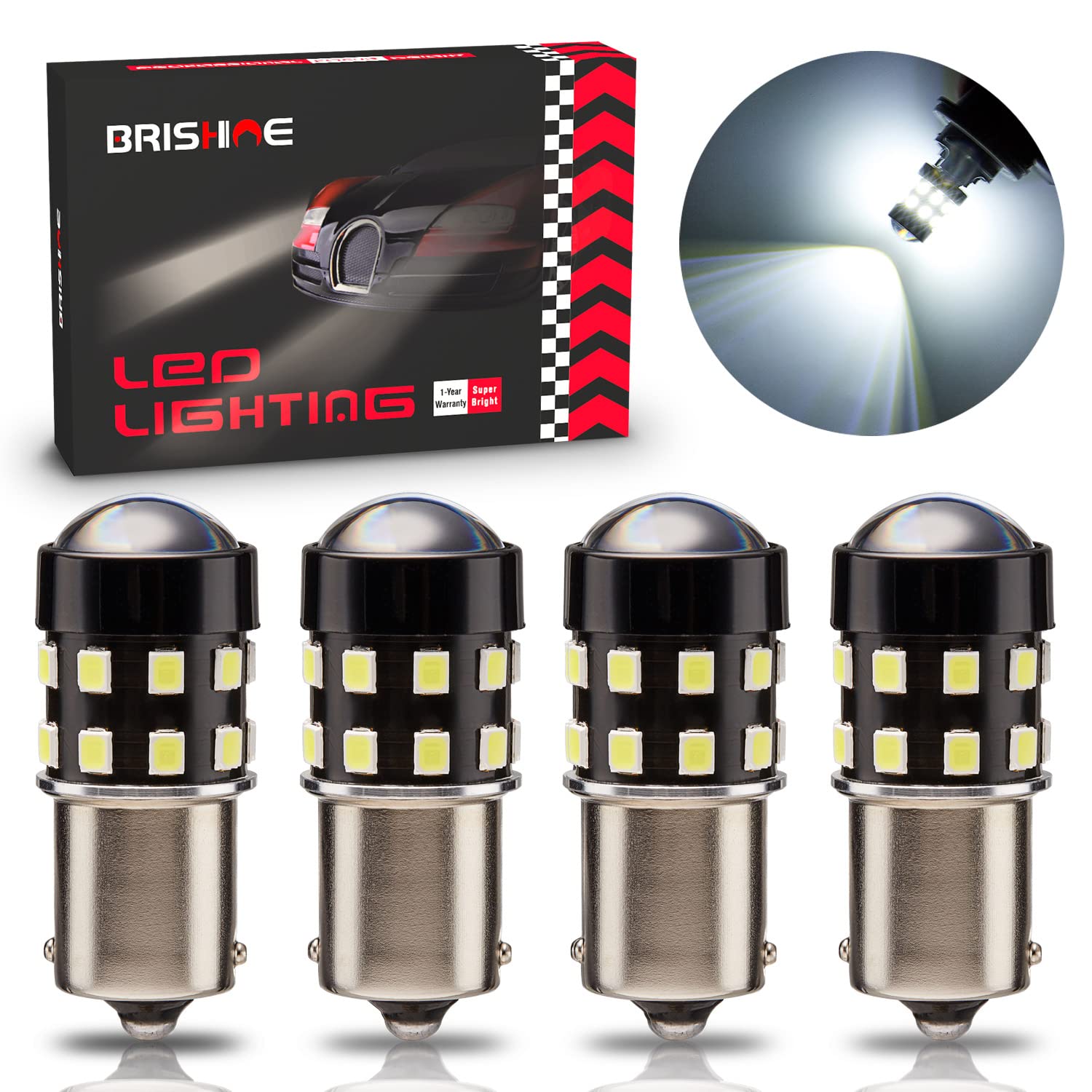 Brishine 4-Pack 1000 Lumens Super Bright 1156 1073 1141 7506 Ba15S Led Bulbs 6000K Xenon White 24-Smd Led Chipsets With Projecto