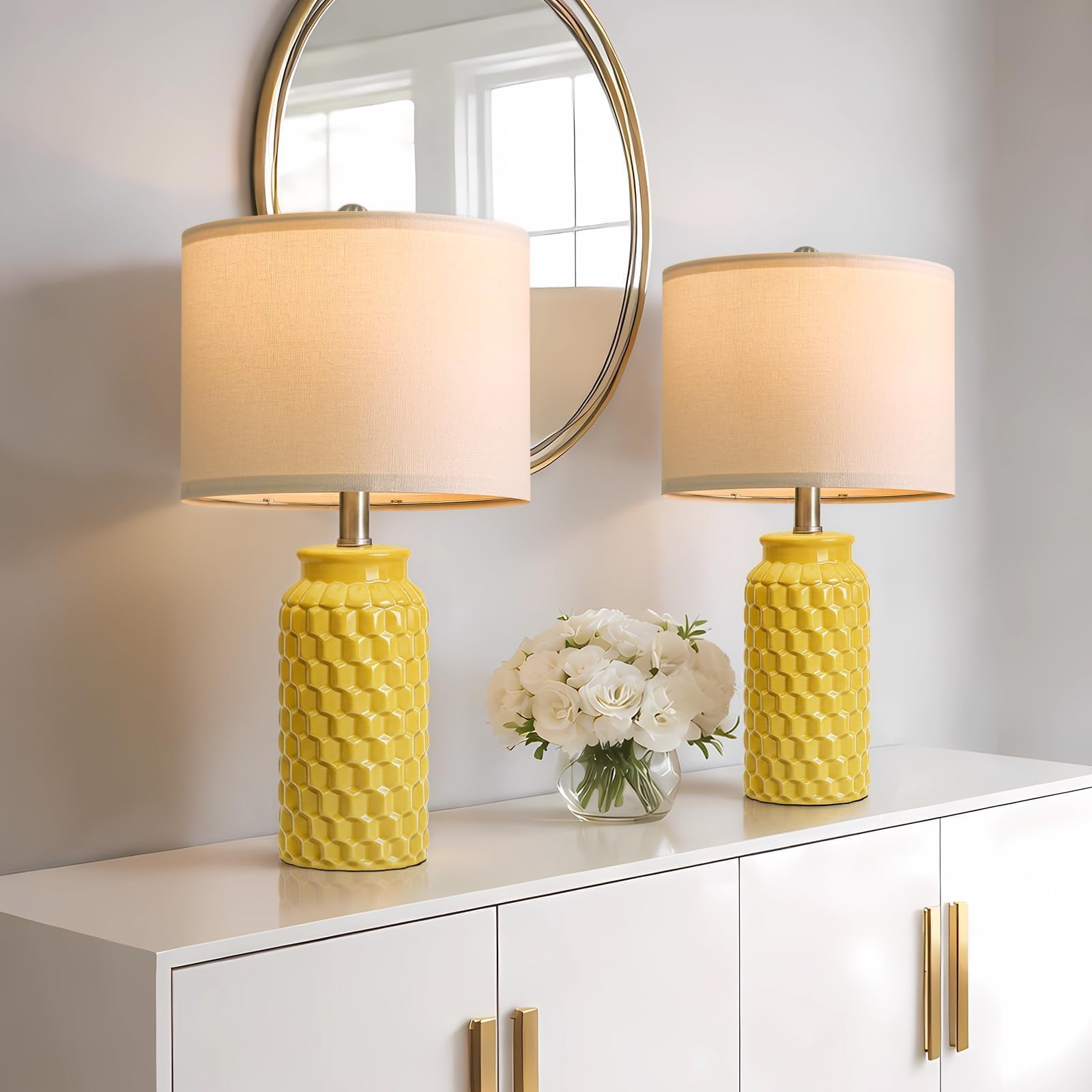 USumkky 20.5 Ceramic Table Lamps Set of 2 - Modern Farmhouse & Boho Style  Bedside Nightstand Lamps for Bedroom  Living Room End Table Lamps  Small Desk Lamp(Yellow)