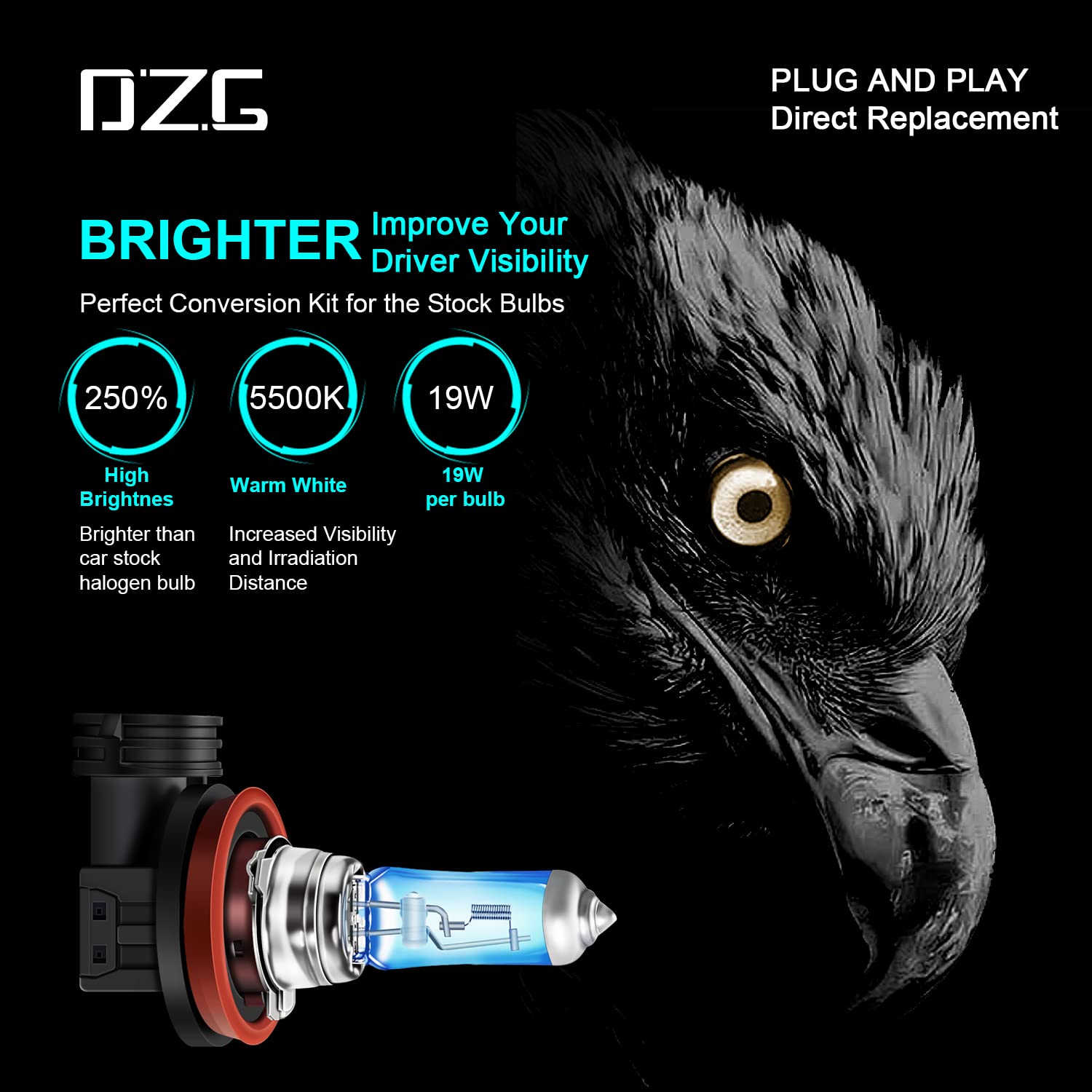 DZG H16 Halogen Bulbs, 12V 19W, 5500K Warm White, Fog Light Replacement, Pack of 2