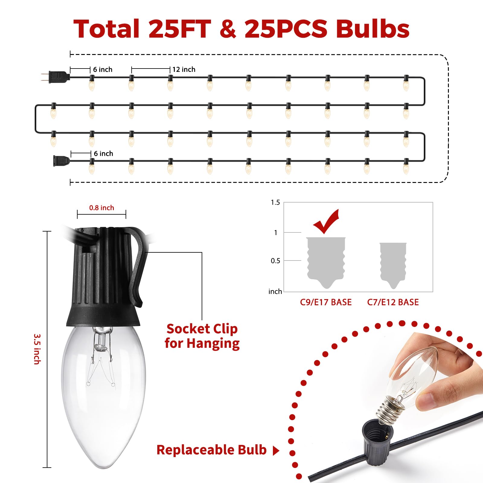 Brightown C9 Bulb String Lights, 25FT Warm White, 25 Bulbs, Black Wire, Outdoor Patio Party Decoration, Model GYPI-O257AU