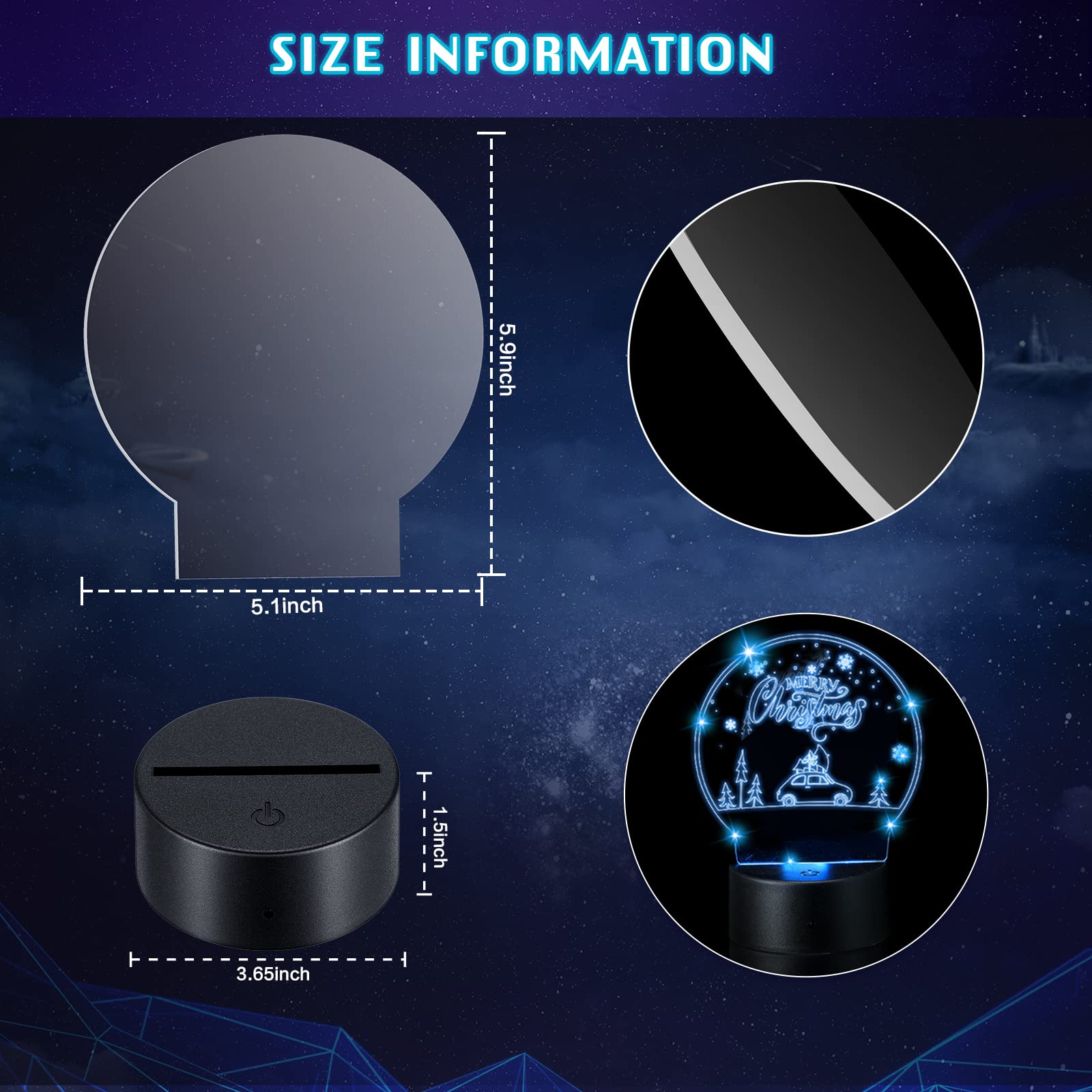 Honoson 3D Night LED Light Lamp Set, 6 Bases, 6 Acrylic Sheets, 16 Colors, Remote Control, Clear, Round Style