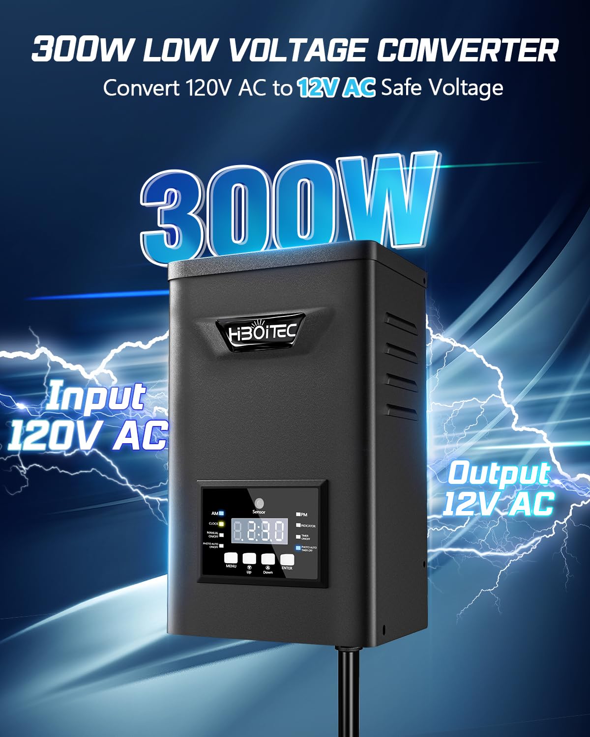 HIBOITEC 300W Low Voltage Landscape Transformer with Photocell Sensor, 12V/14V AC, Weatherproof, Black, Model DYKZH300