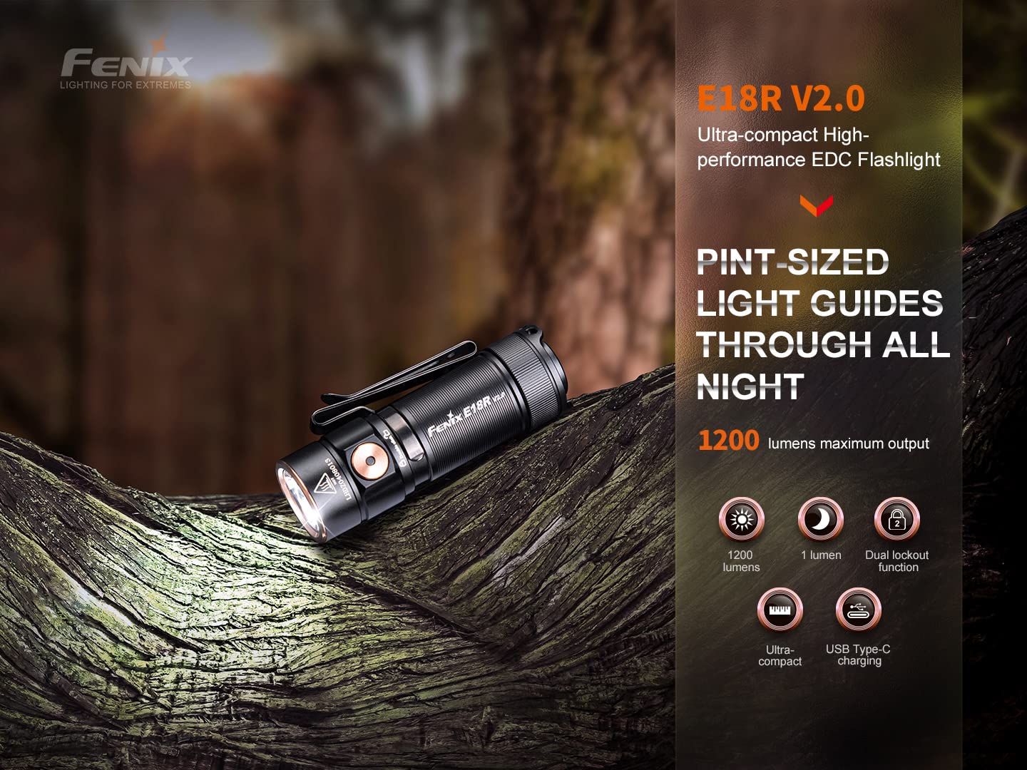 Fenix E18R V2.0 EDC Flashlight - 1200 Lumens, USB-C Rechargeable, Ultra Compact, Aluminum, Black