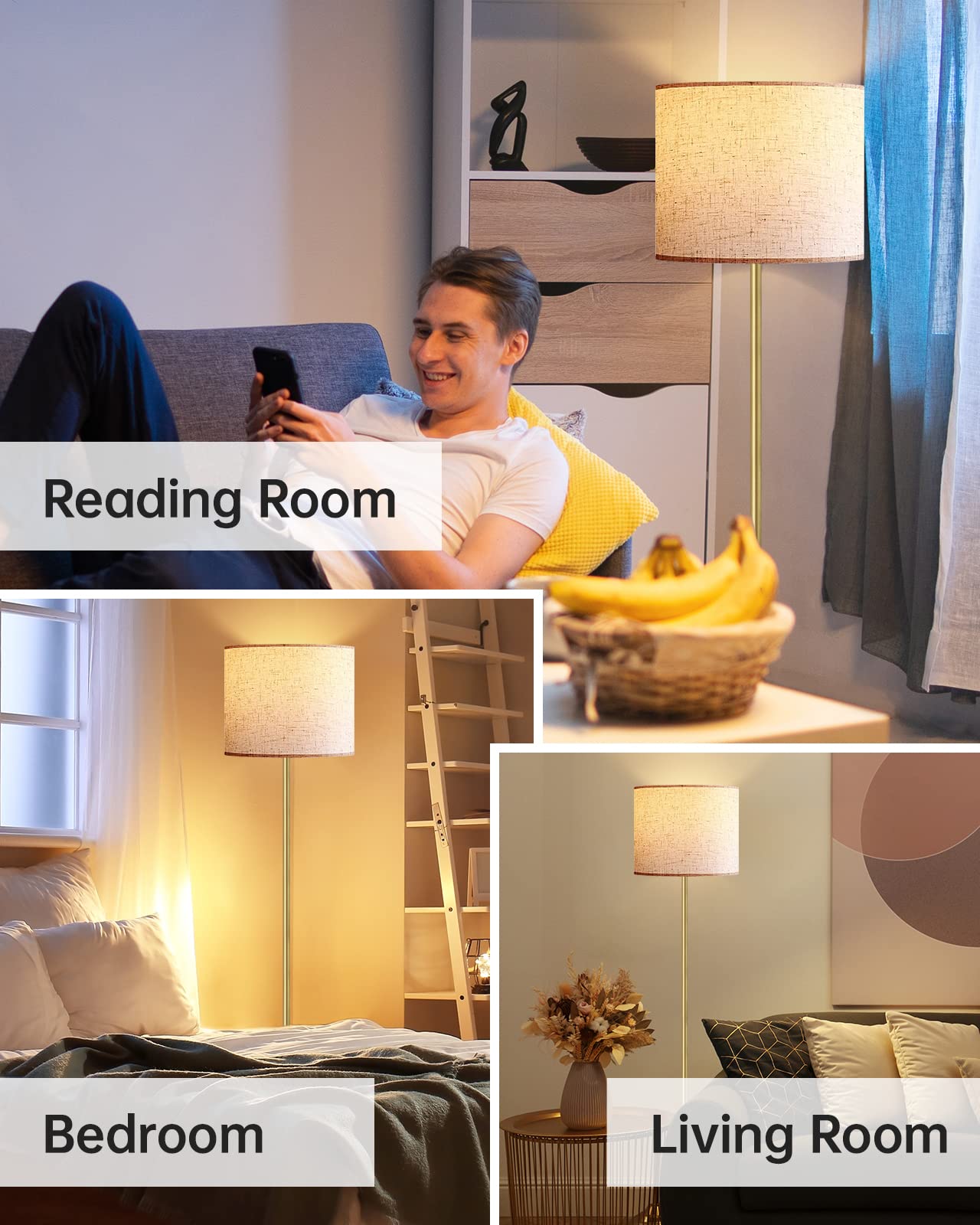 Boostarea Floor Lamp - 15W Led, 3 Dimmable Levels, Gold Metal, On/Off Footswitch, Tall Standing Lamp For Living Room/Bedroom/Office