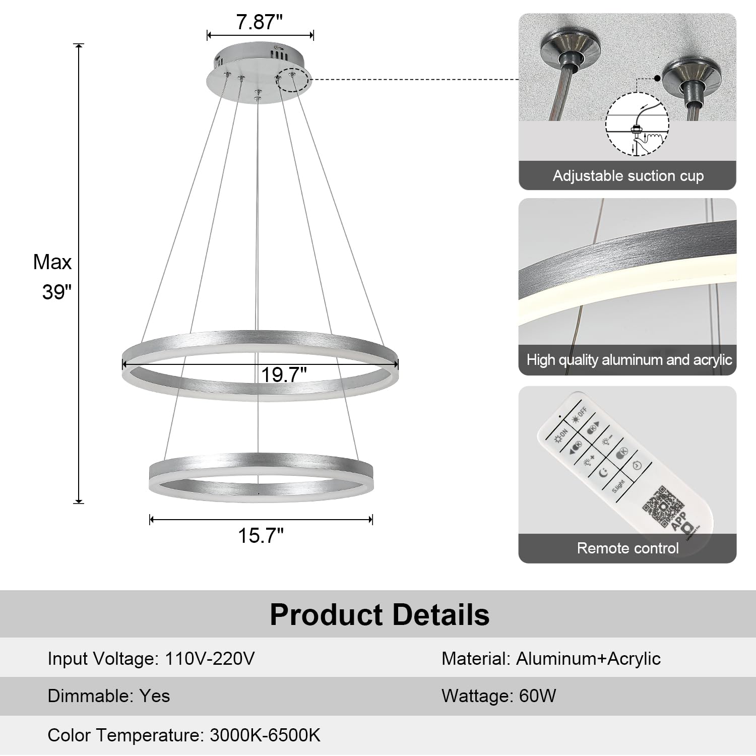 Xgzl · Lighting 2-Rings Modern Led Chandelier Silver For Dining Room, Dimmable Pendant Lighting With Remote Control Circular Flush Mount High Ceiling Light For Bedroom Living Room Foyer, 3000K-6500K