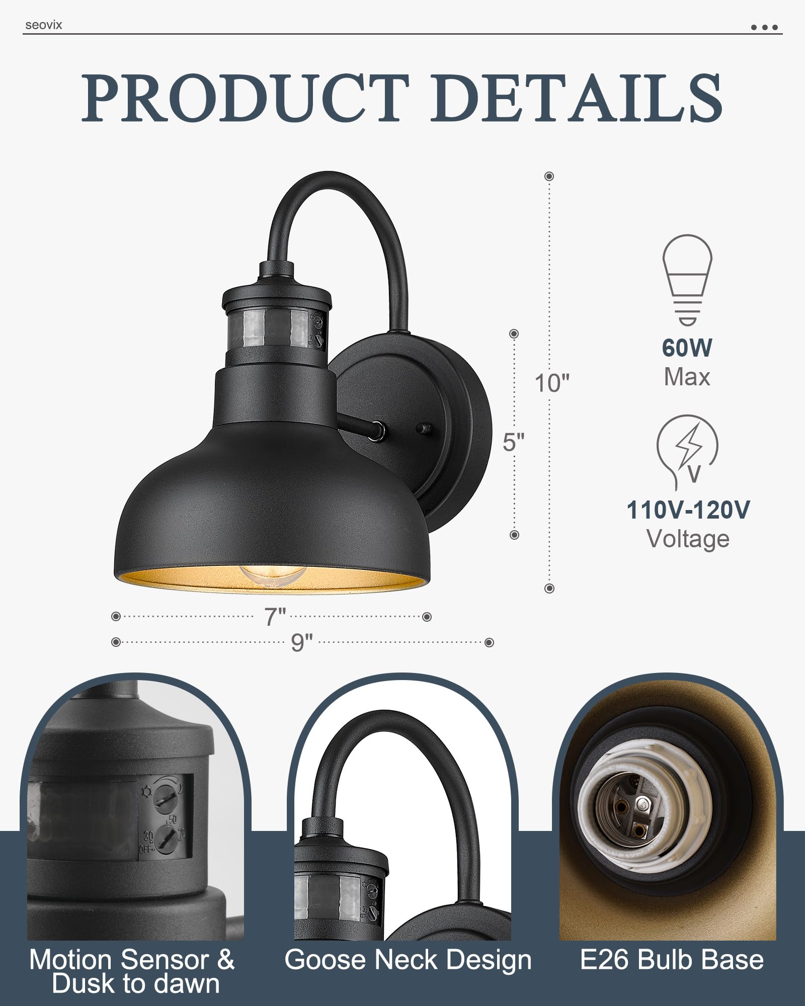 Seovix 4 Pack 9“ Motion Sensor Barn Lights, Outdoor Wall Lights With Dusk To Dawn Feature, Ip65 Waterproof Farmhouse Gooseneck Lights For House, Patio, Garage,Hsmd2215-4