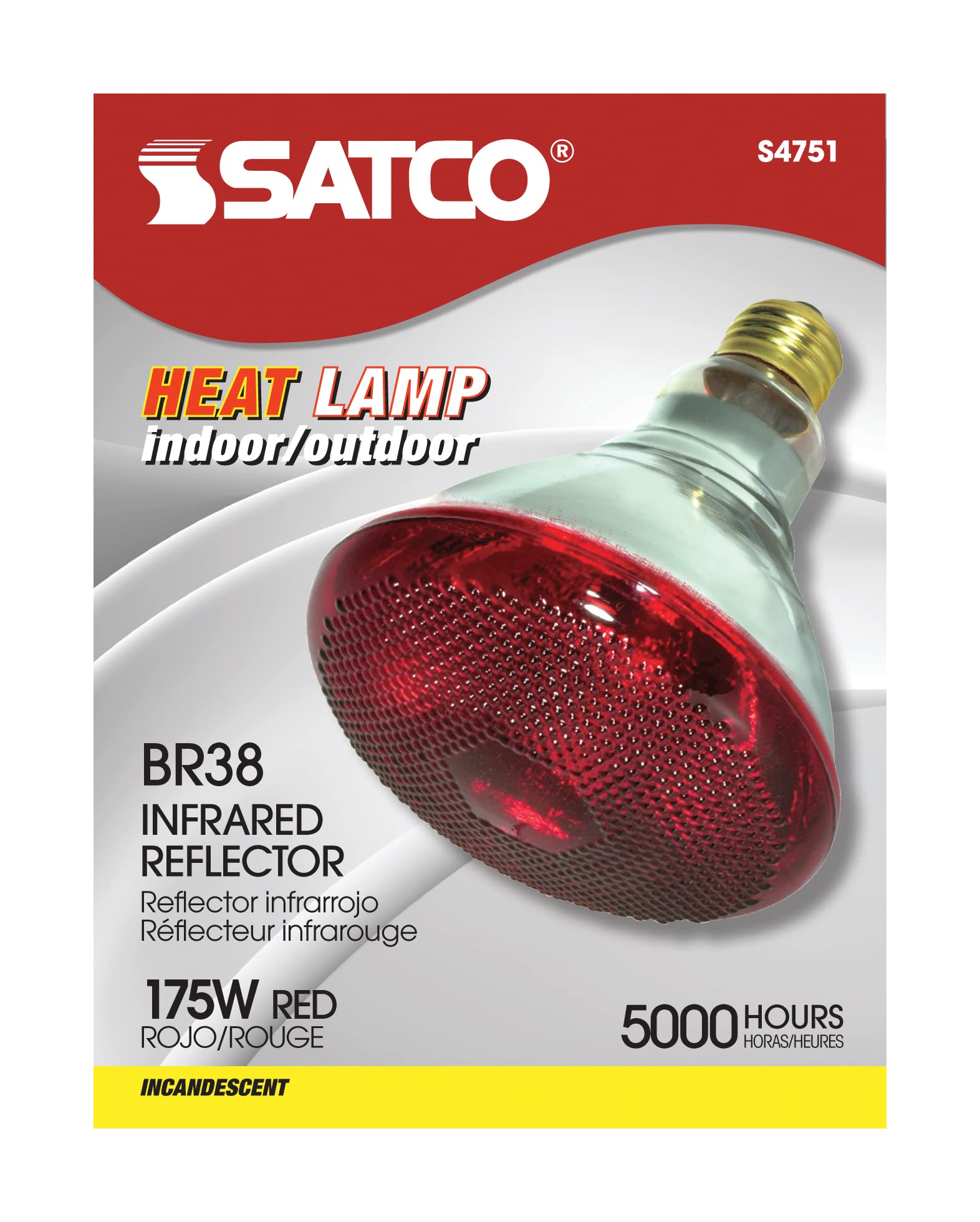 Satco BR38 Infrared Reflector Heat Lamp, 175 Watts, Red, Model S4751/06, 6 Pack